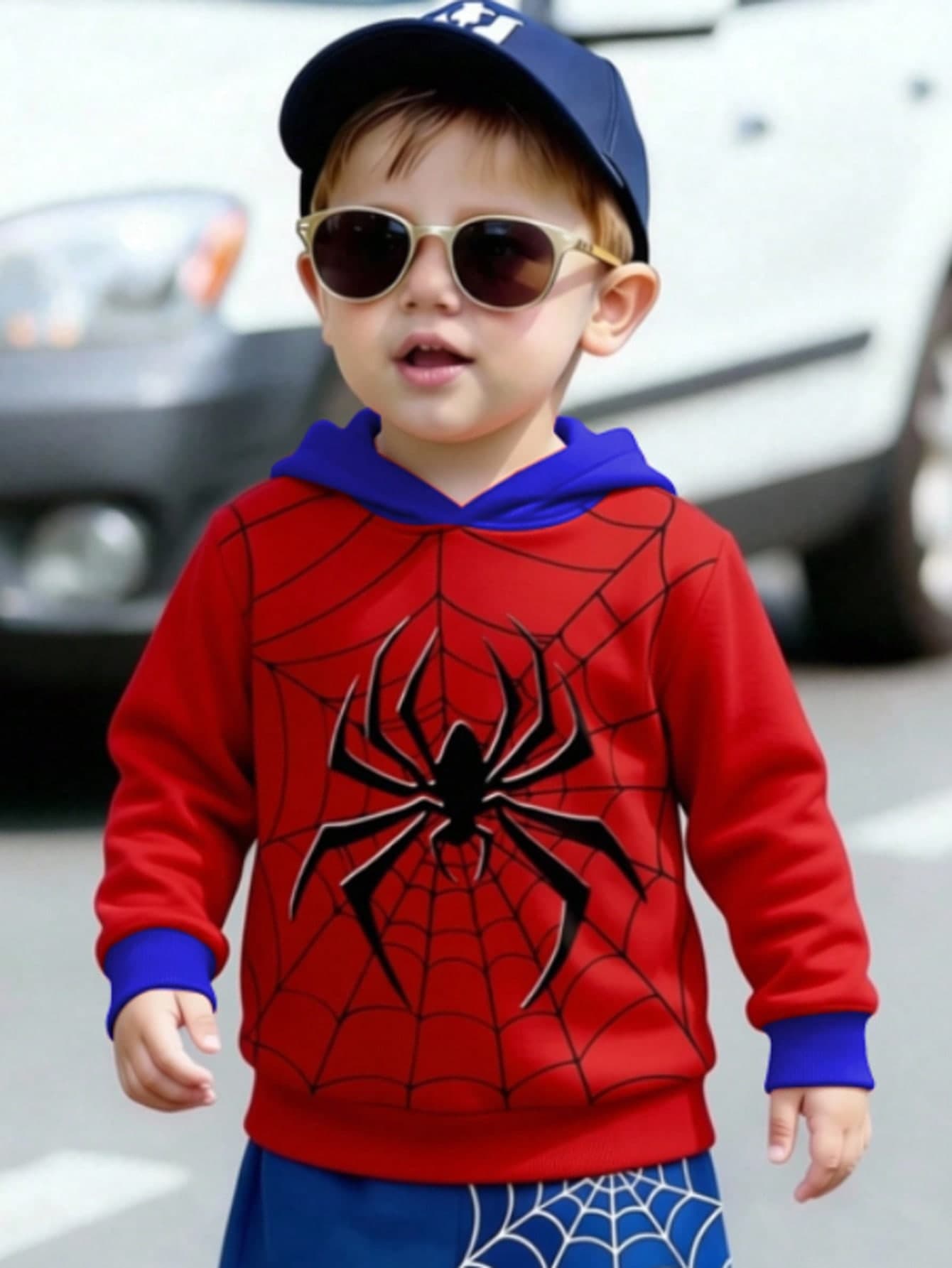 1pc Boys Red & Blue Colorblock Spider Print Hooded Sweatshirt, Casual Sport Running Streetwear College Style, Basic Simple Daily Wear For Autumn/Winter