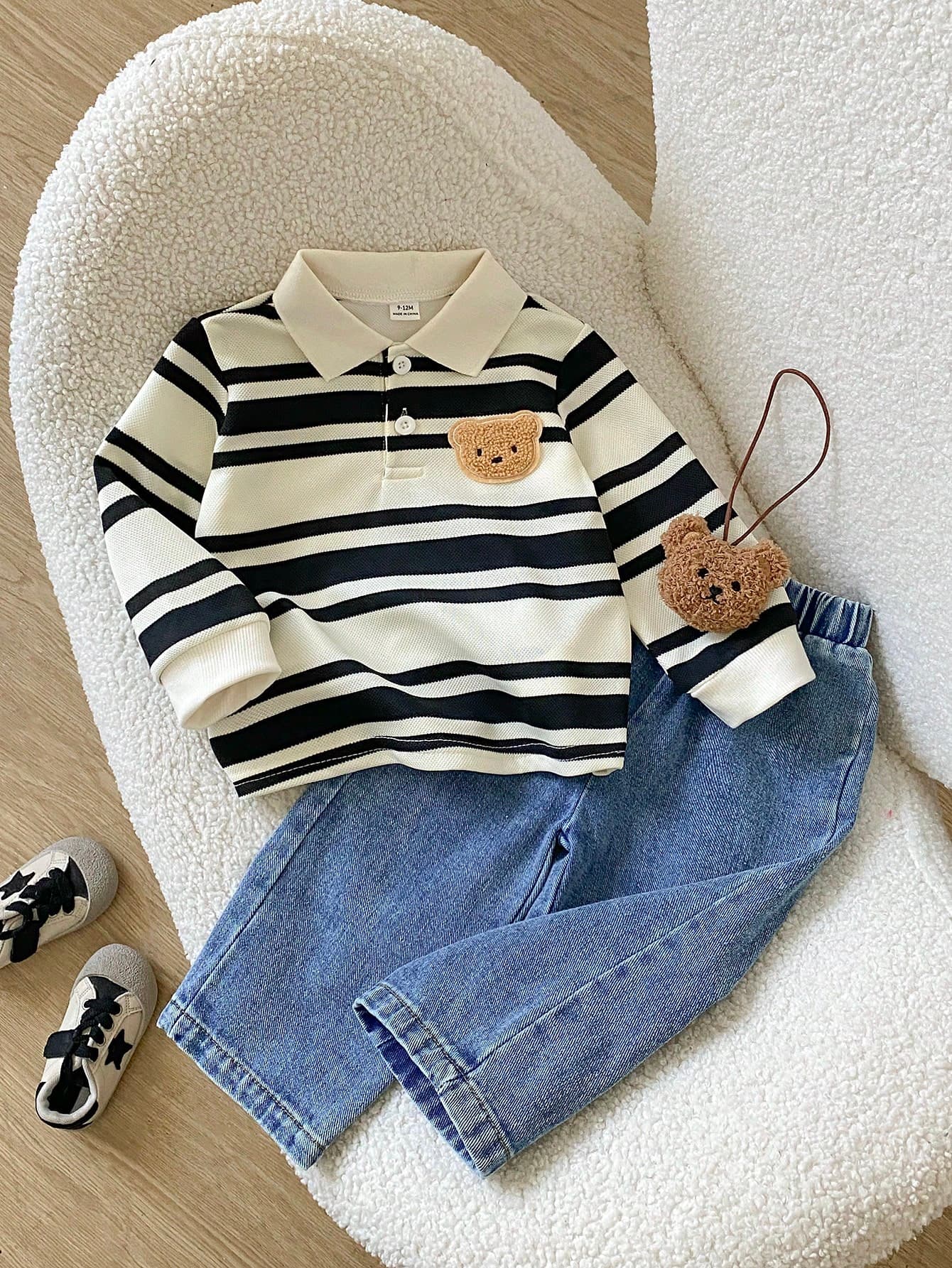 SHEIN Playful Pals 2pcs/Set Baby Boy Casual Cute Striped POLO Long Sleeve Top And Denim Long Pants Gentleman Outfit, Suitable For Spring, Autumn, Winter, Back To School, College Style