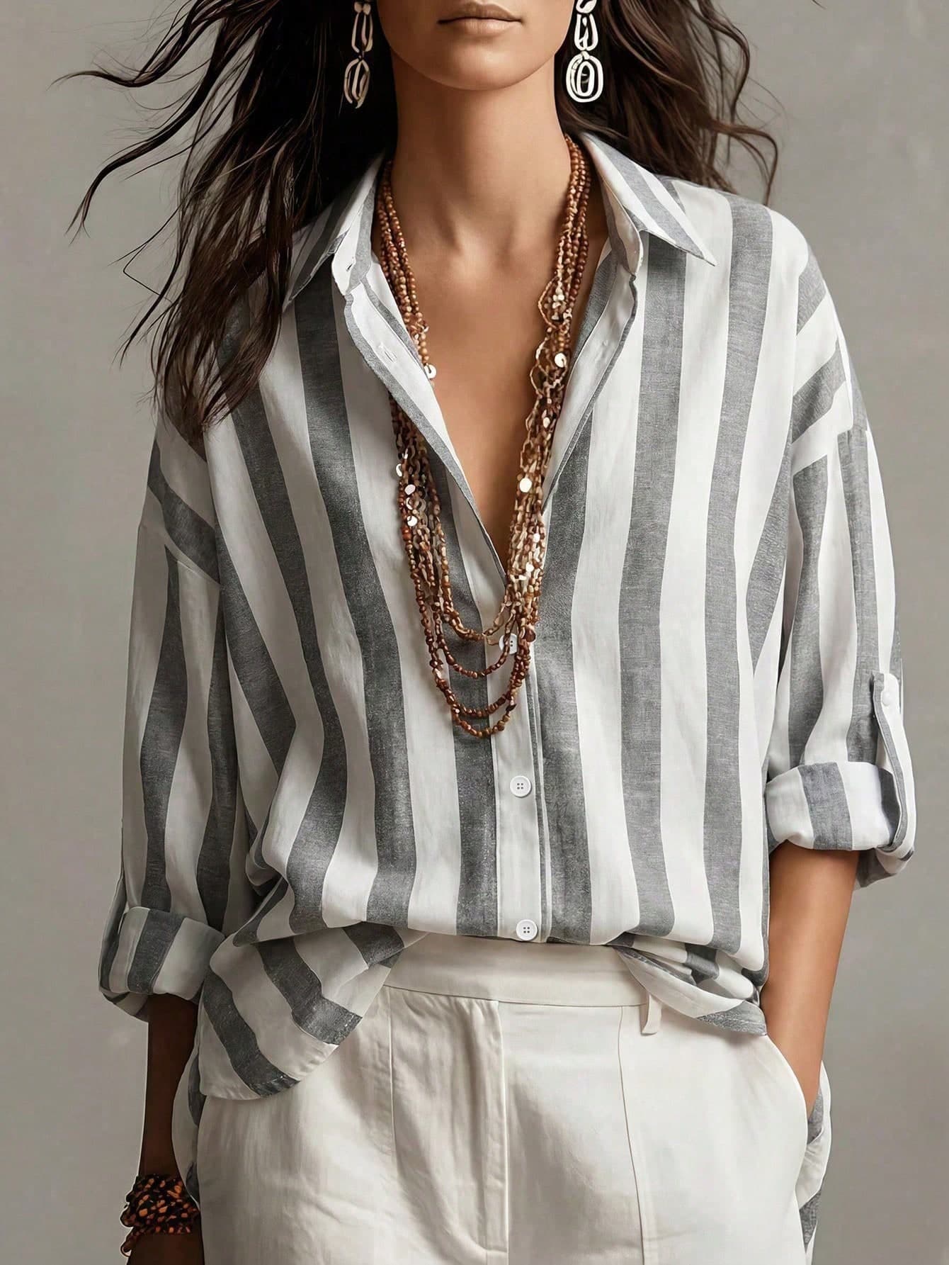 Linhara CURVE Plus Size Casual Commute Striped Shirt
