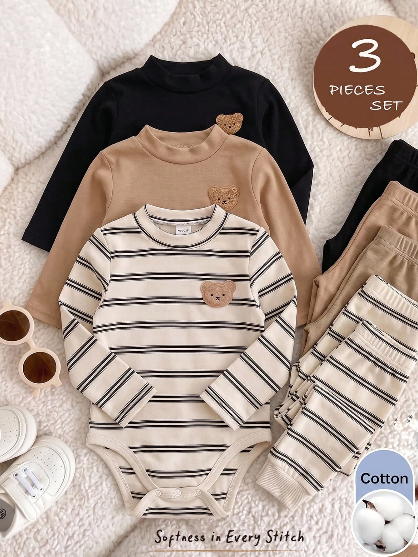 Cozy Pixies Baby Boys Bodysuits Multi-Pack Kids One-Piece Knitted Striped Brown Black Three-Color Each One Cute Bear Patch Playful Adorable Buy 1 Get 2 Suitable For Autumn/Winter Spring/Summer Comfortable High Elasticity