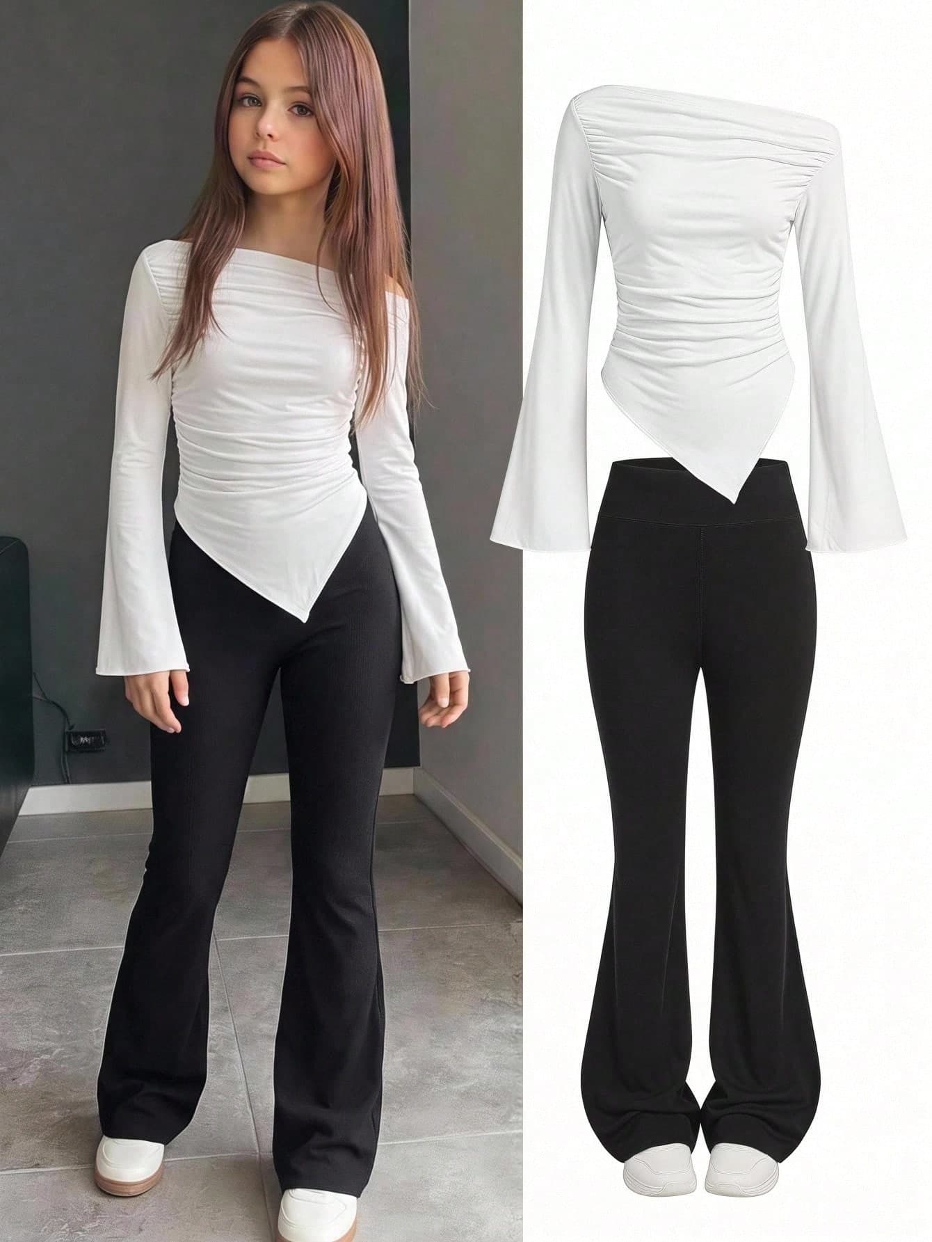 Tween Girl Tween Girl 2pcs Casual Black & White Long Sleeve Fitted Knit Top And Flare Pants Set, Suitable For Home, Outdoor, Travel, And Everyday Wear