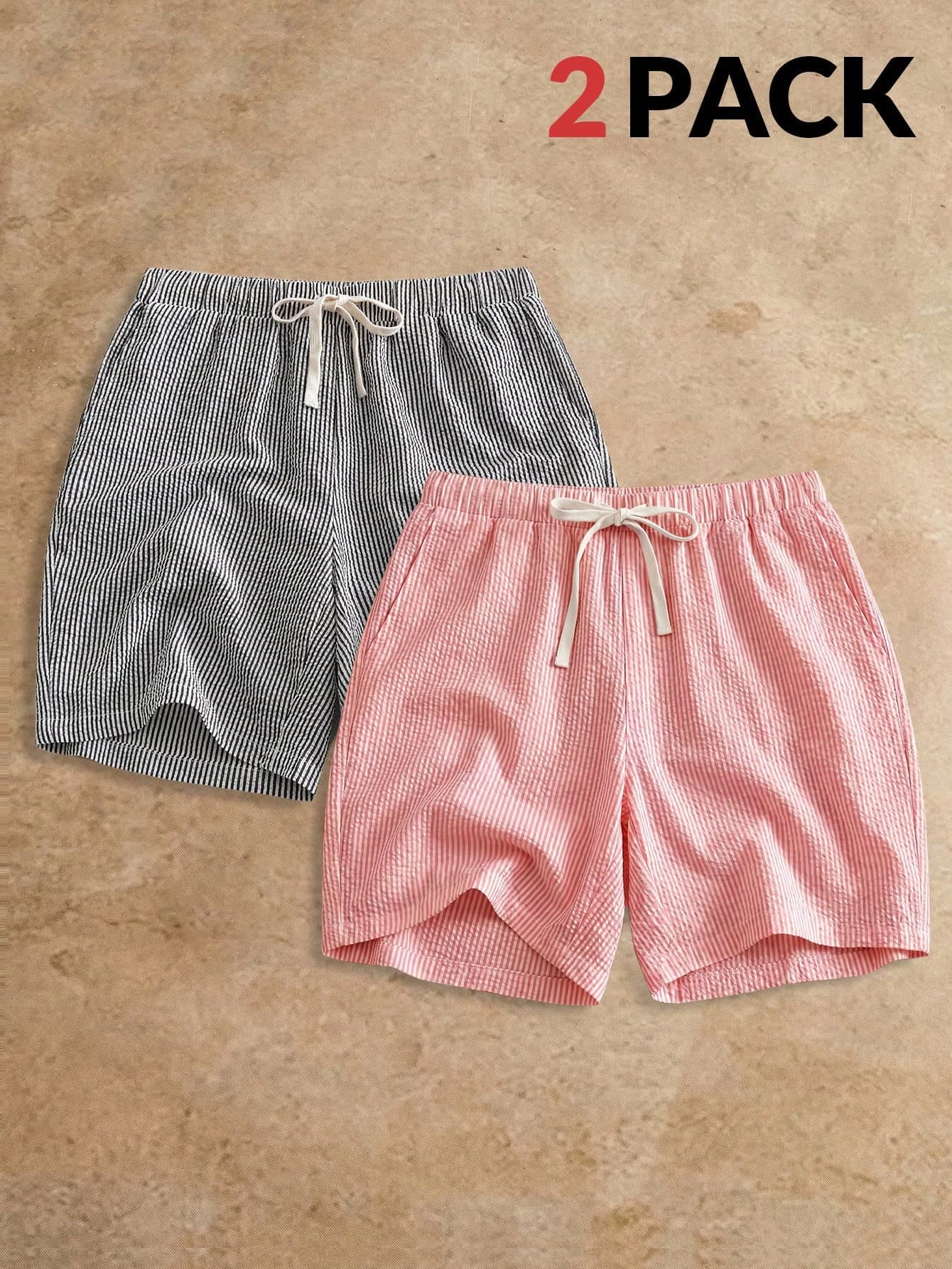 Manfinity RebelGame 2pcs/Pack Men's Casual Woven Striped Mid-Waist Drawstring Straight Leg Shorts