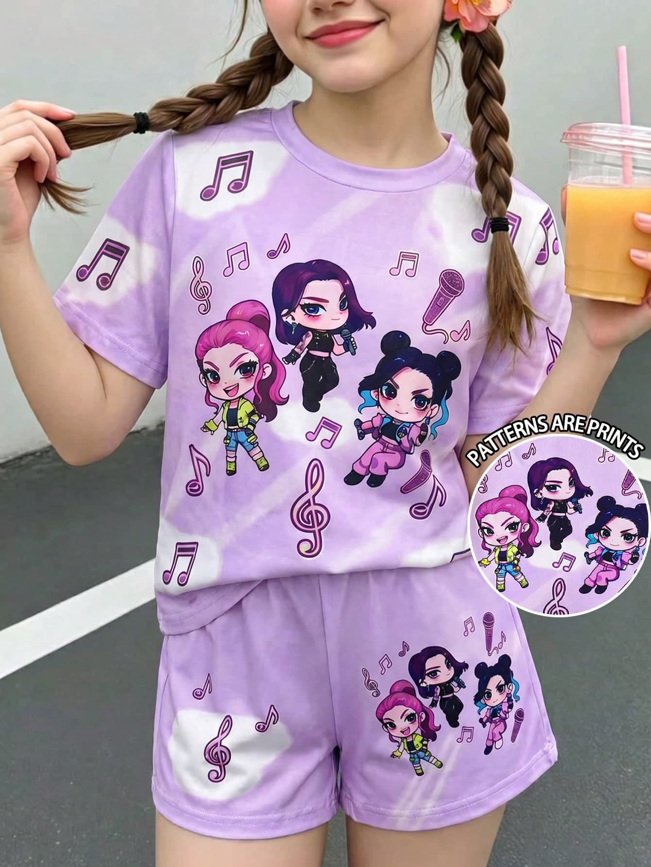 SHEIN Elladie kids Young Girl 2pcs/Set Fashion Cartoon Character & Music Note Pattern Casual Minimalist Short Sleeve Top & Shorts Set, Suitable For Music Festival, Summer Daily Wear