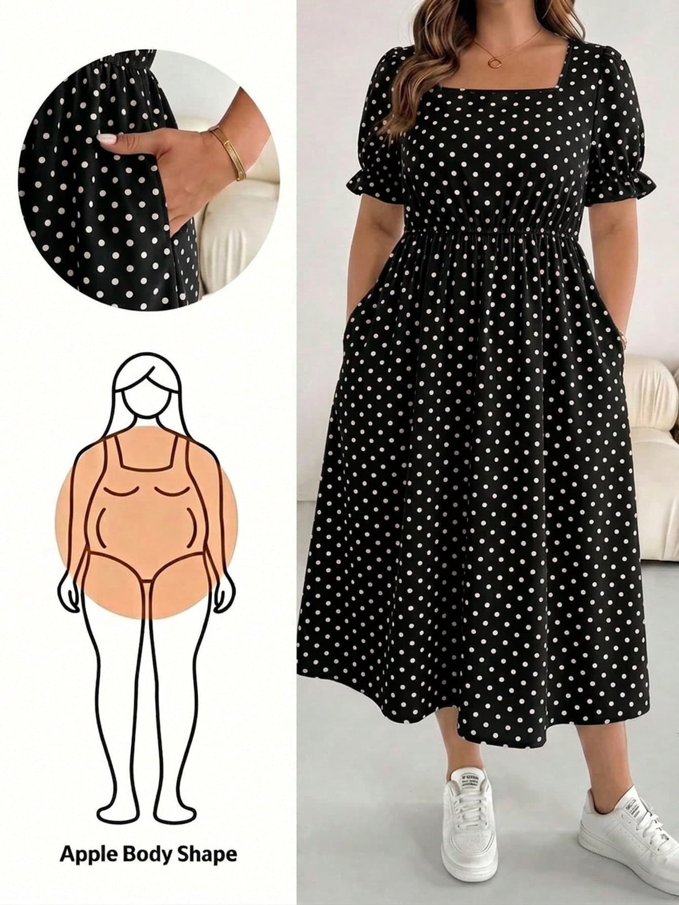 SHEIN Essnce Casual Vacation Polka Dot Plus Size Women's Short Sleeve Dress Suitable For Spring And Summer, Polka Dot Dress