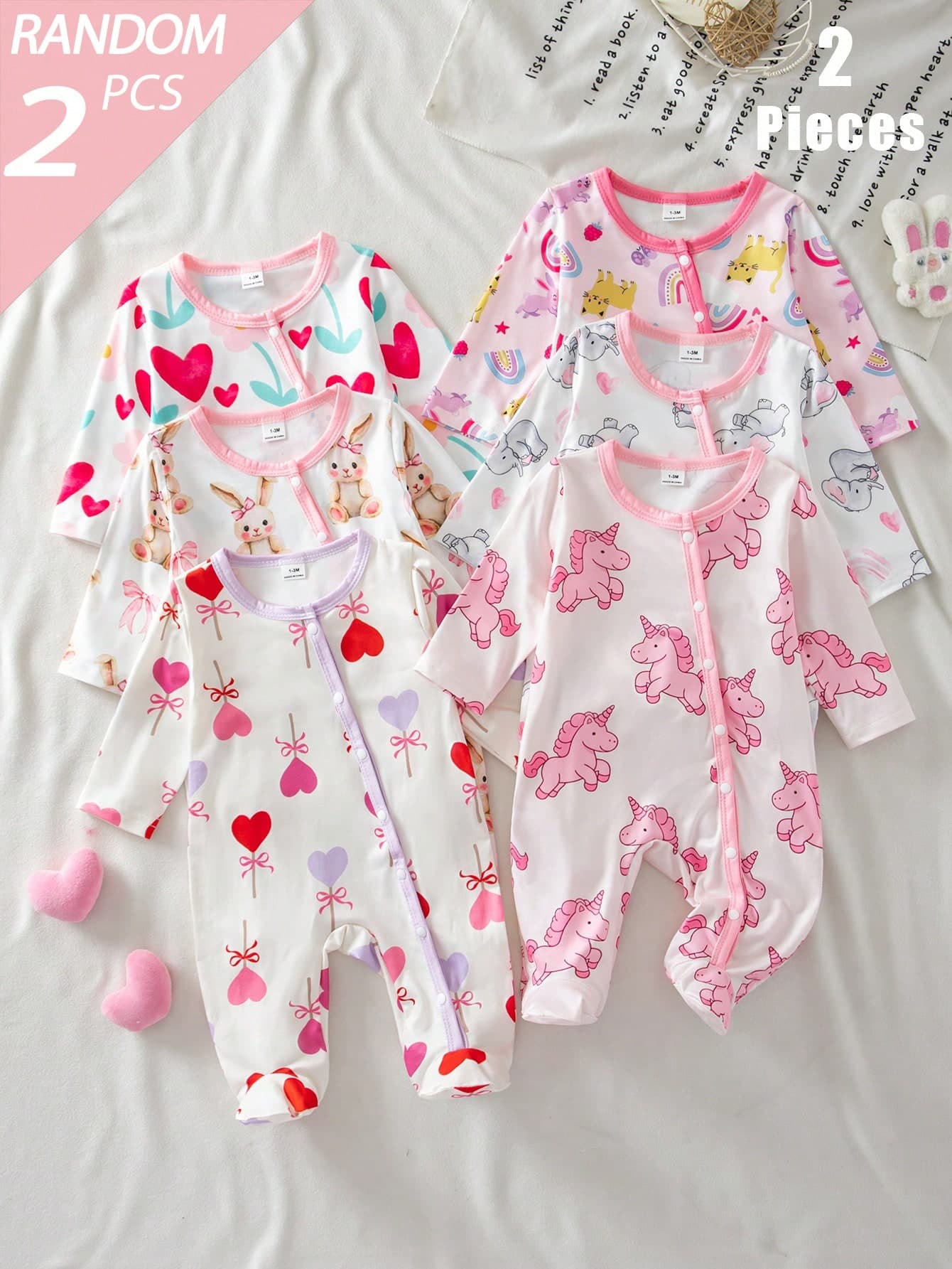 (Random 6pcs Send 2pcs) Newborn Long Sleeve Footed Jumpsuit Knit Comfortable Soft Home Wear, Cute Childish Donut Bow Unicorn Calf Full Print Pattern, Best Gift For Newborns
