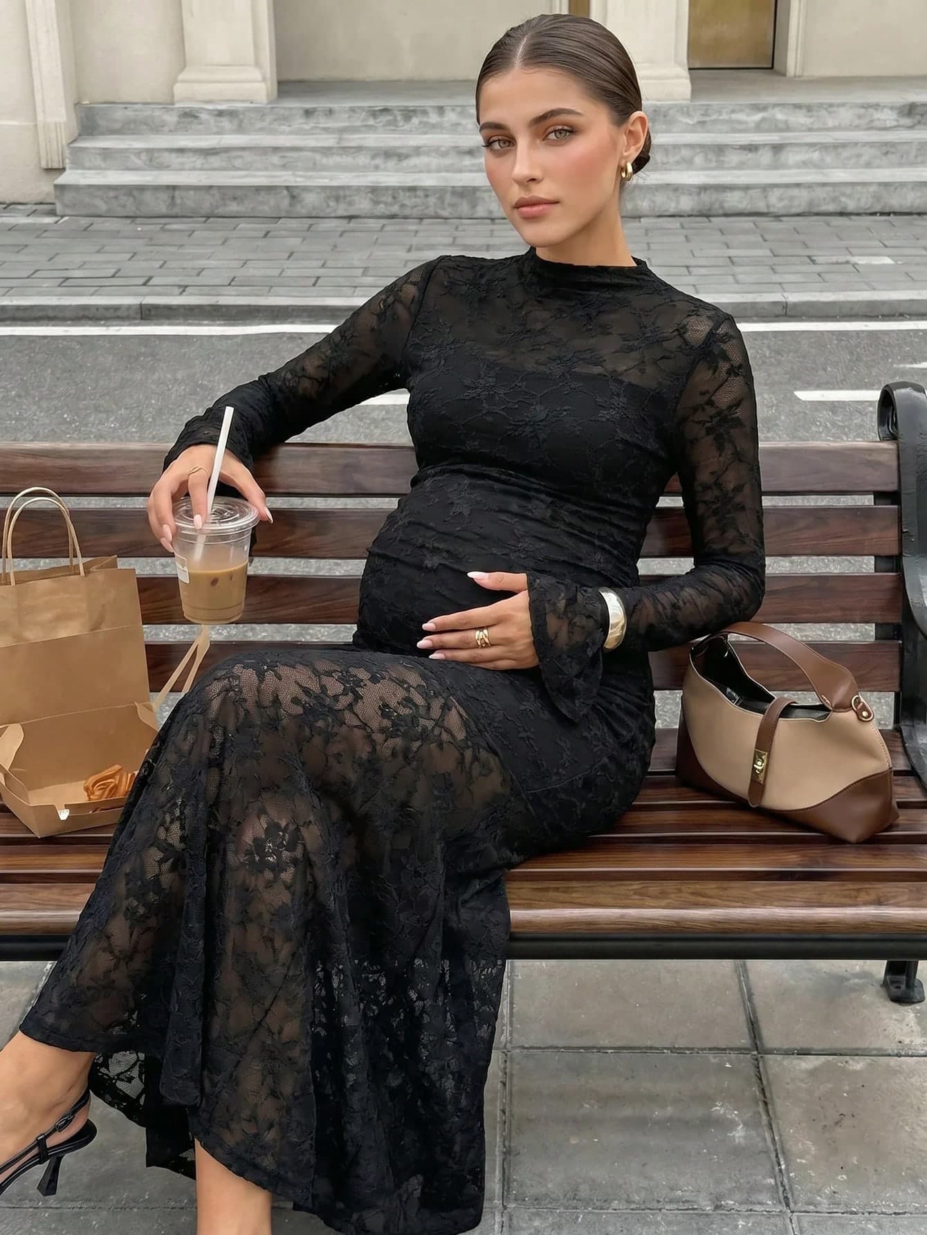 MaterniWear Sexy Black Lace Maternity Dress With A Fitted Waist And Ruffled Hem. Work Dress Elegant Dress For Women Autumn Fall