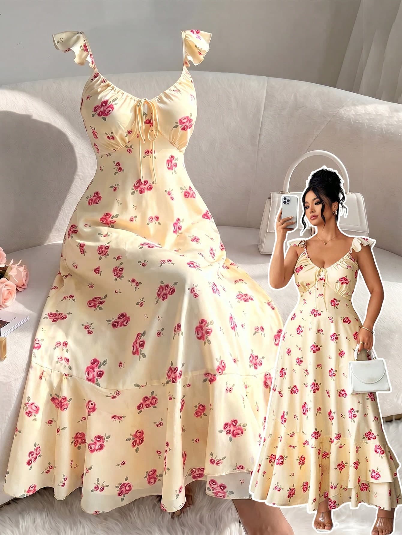 Elenzga Plus Size Two-Tone Ditsy Floral Square Neck Ruffle Flutter Sleeve Tie Front Cinched Waist A-Line Maxi Dress Elegant Cute For Outings Dates Gatherings Vacation