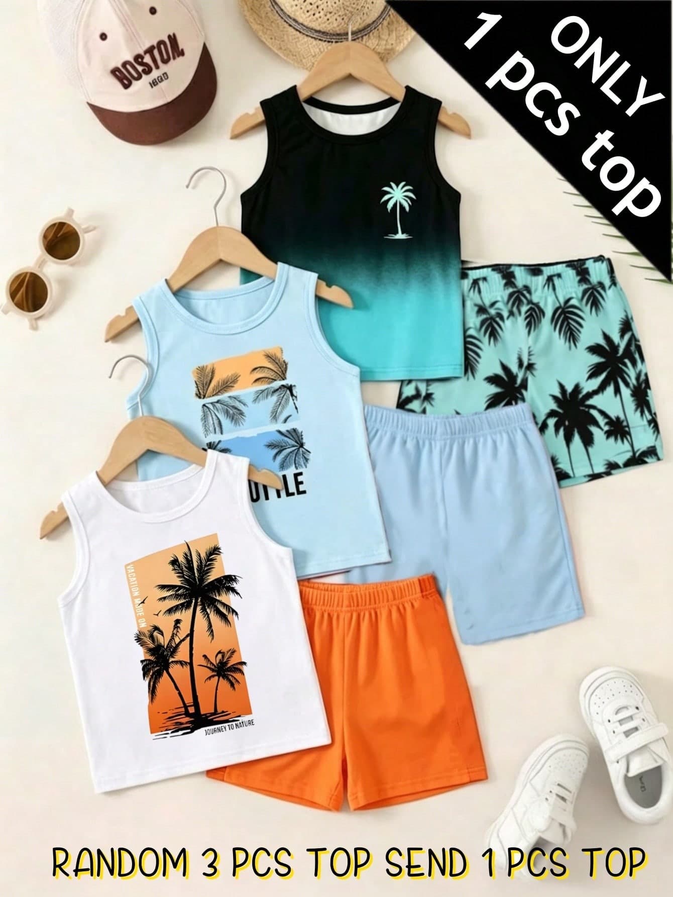 SHEIN Random 3 Pcs Get 1 Pcs TOP Boys' New Fashion Comfortable Sunny Beach Summer Vacation Sports Tank Top, Spring/Summer Style, Summer Style