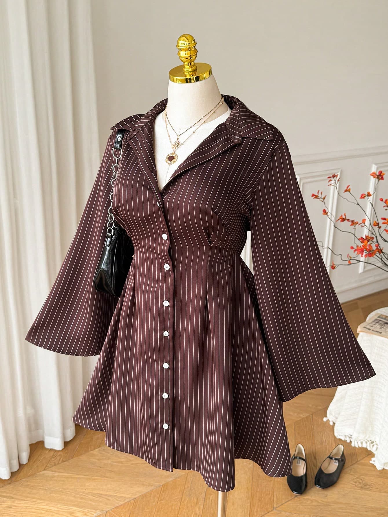 Comfortcana Plus Size Women's Summer Striped Single Breasted Shirt Dress Office Chocolate Brown 90s