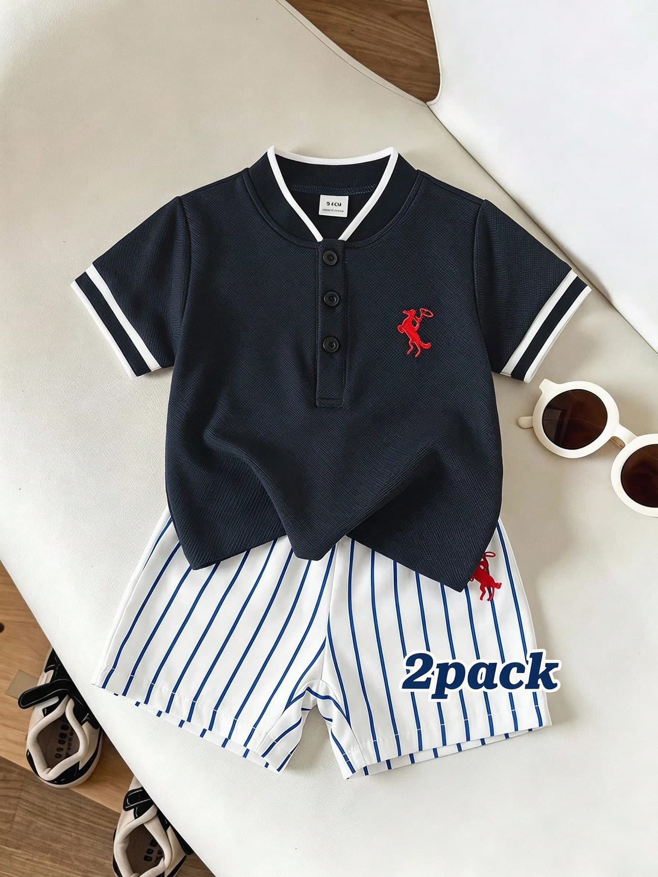 Souflis Souflis 2pcs Toddler Baby Boy Casual Stripe Red Horse Short Sleeve Soft Polo Shirt White Shorts 2 Piece Sets Summer Clothes Outfits Beach Party Pants Summer