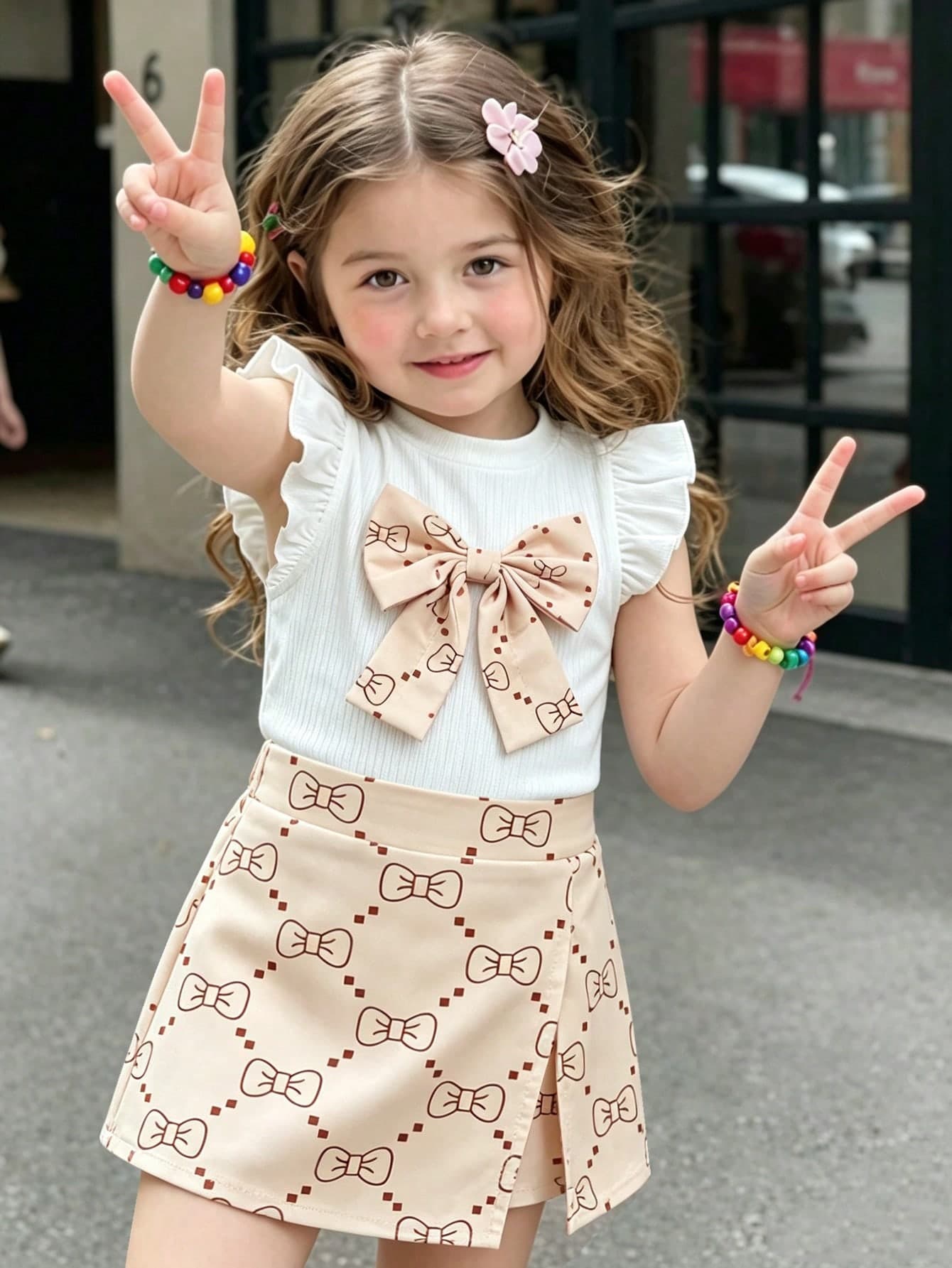 SHEIN Vintaside Kids 6-9M-2-3Y Baby Girl 2-Piece Set Sweet Bow Decor Flutter Sleeve Round Neck Top & Elastic Waist Bow Print Split Hem Shorts, Suitable For Daily Wear, Parties And Other Occasions