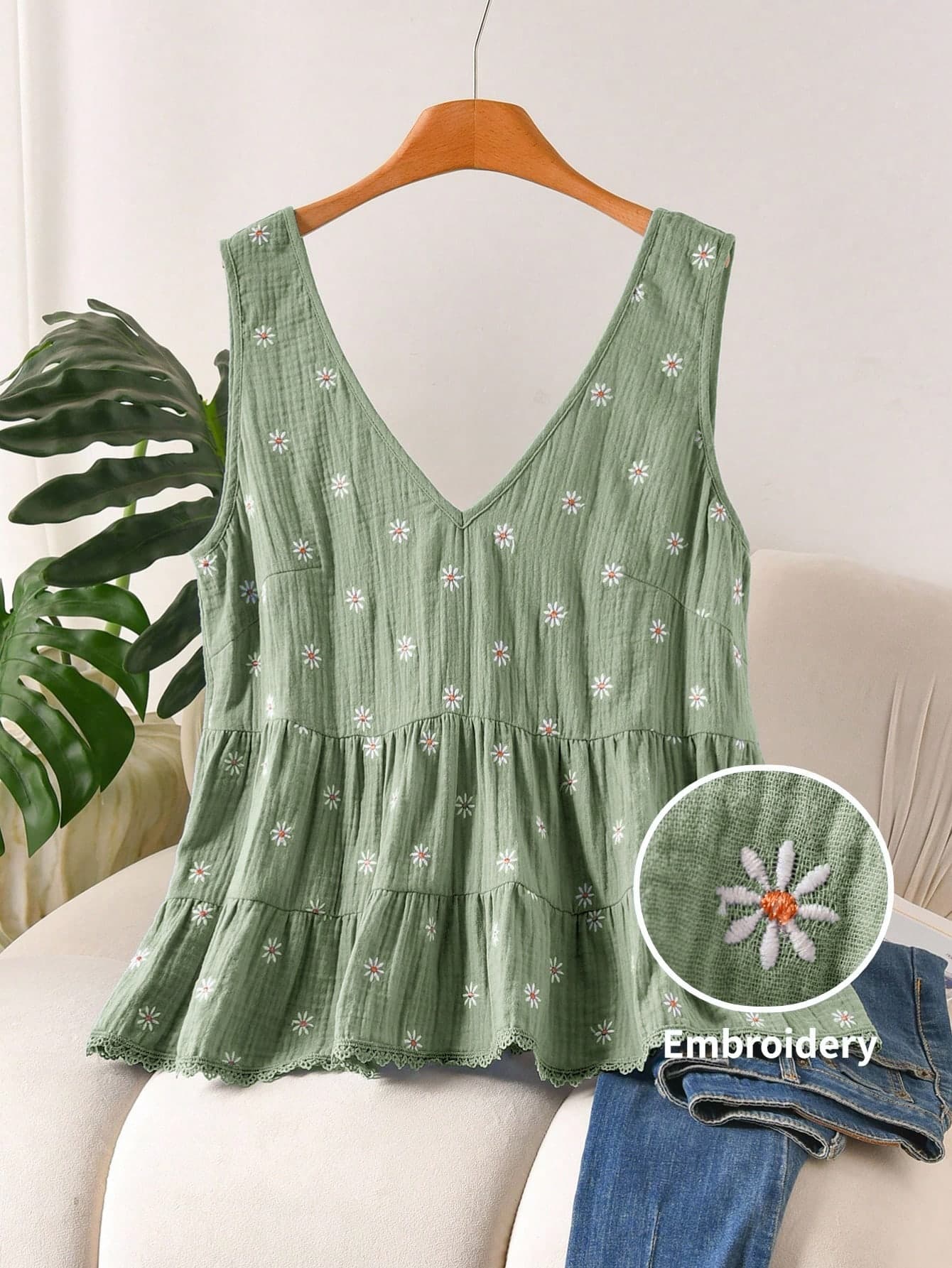 CosyJoli Plus Size Women's Daisy Embroidered Casual Boho Lace Trim Sleeveless Blouse Vacation Sage Green Summer