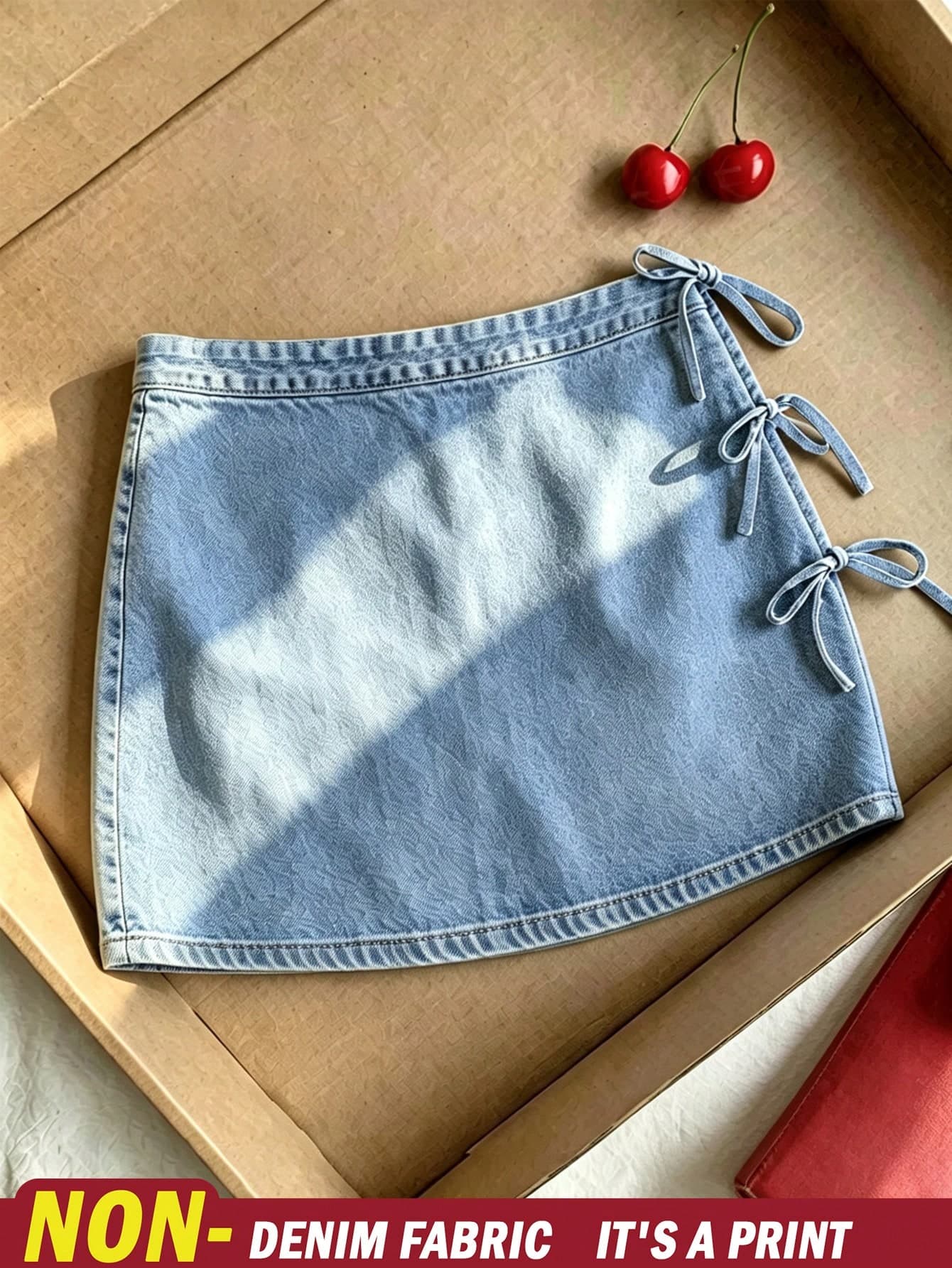 Resyla Women's Light Wash Faux Denim Mini Skirt With Side Bow Ties, Casual Streetwear For Summer