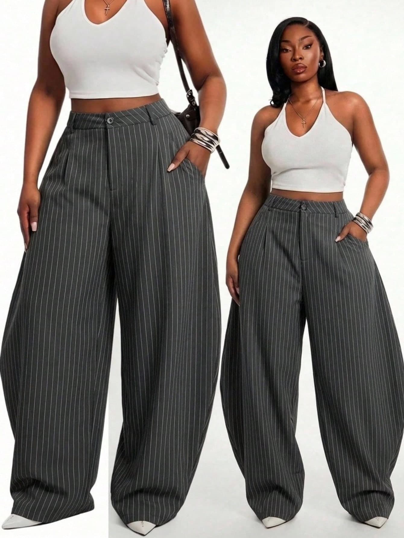 Radiana Gray Striped Printed Loose High-Waist Curved Trousers,Casual,Sexy,Going Out,Party,Night Out,Shopping,Street Wear