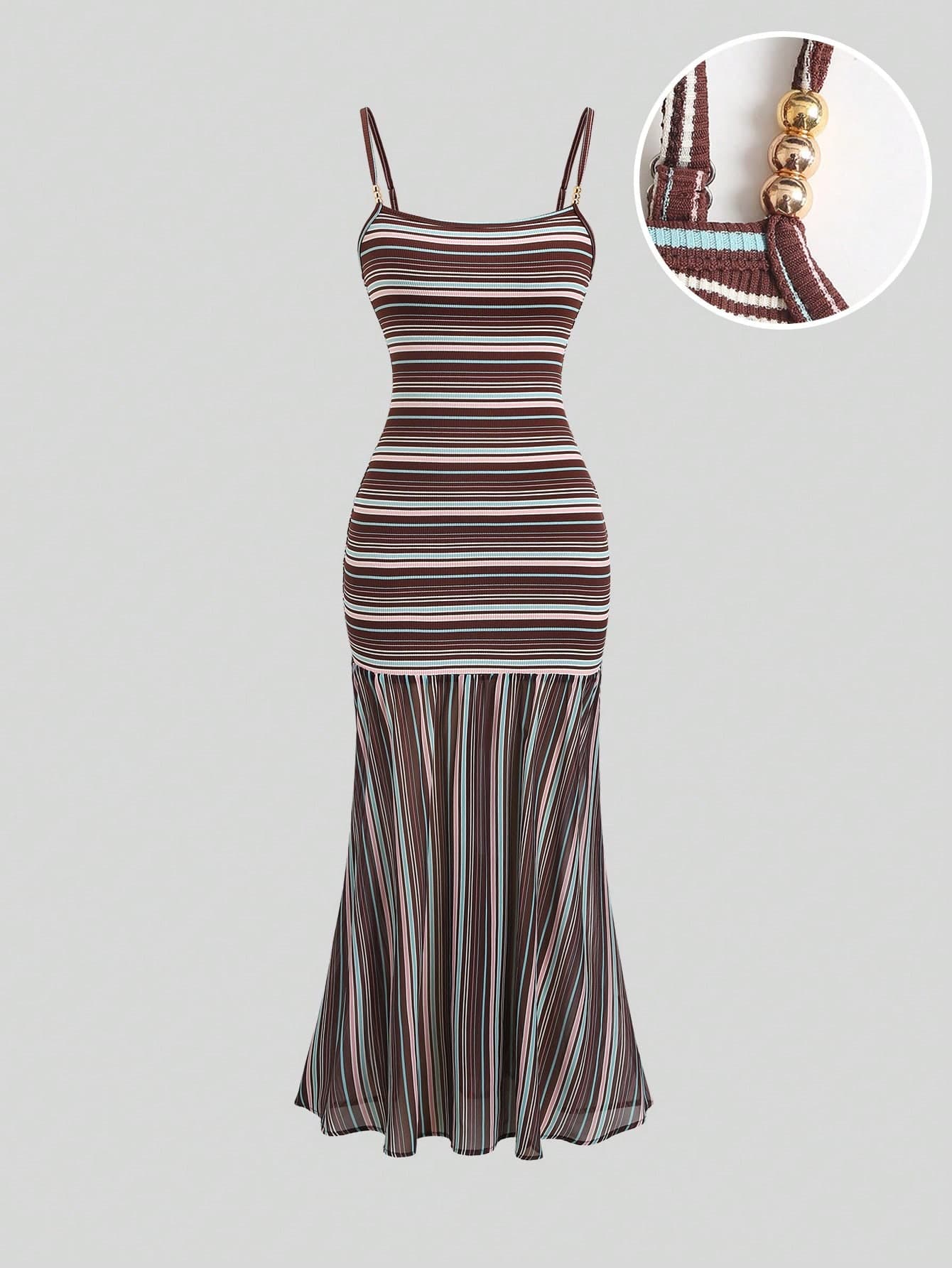 Sweetra Women's Striped Fitted Dress With Beaded Decoration And Spaghetti Strap, Casual Versatile Dress For Home, Daily Wear, Inner Layer Or Outerwear