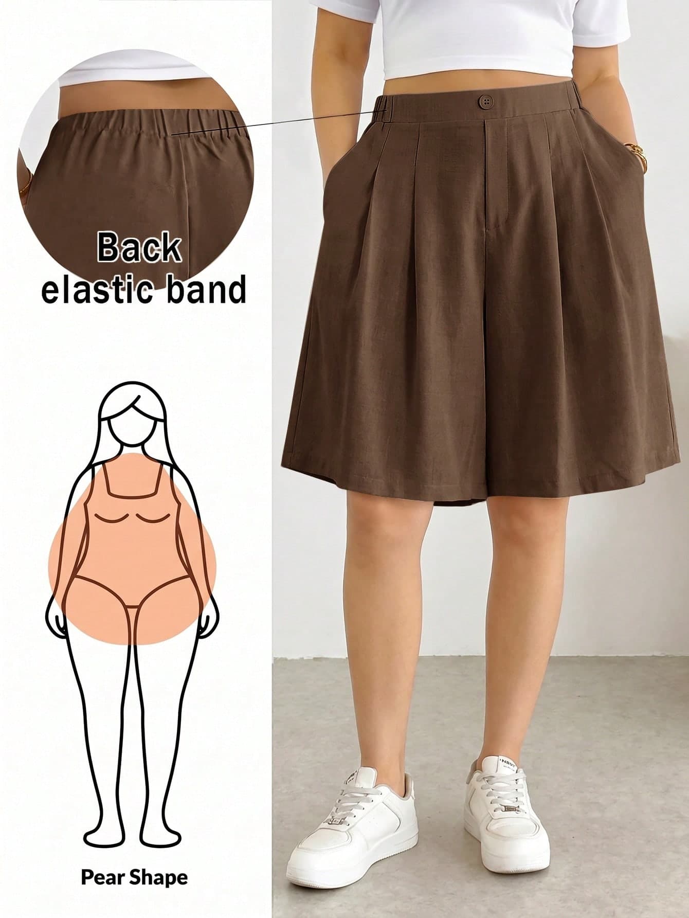 Shapeblank Plus Size Women's Solid Color Pleated Pocket Wide Leg Loose Shorts Vacation Chocolate Brown Summer Smart Casual