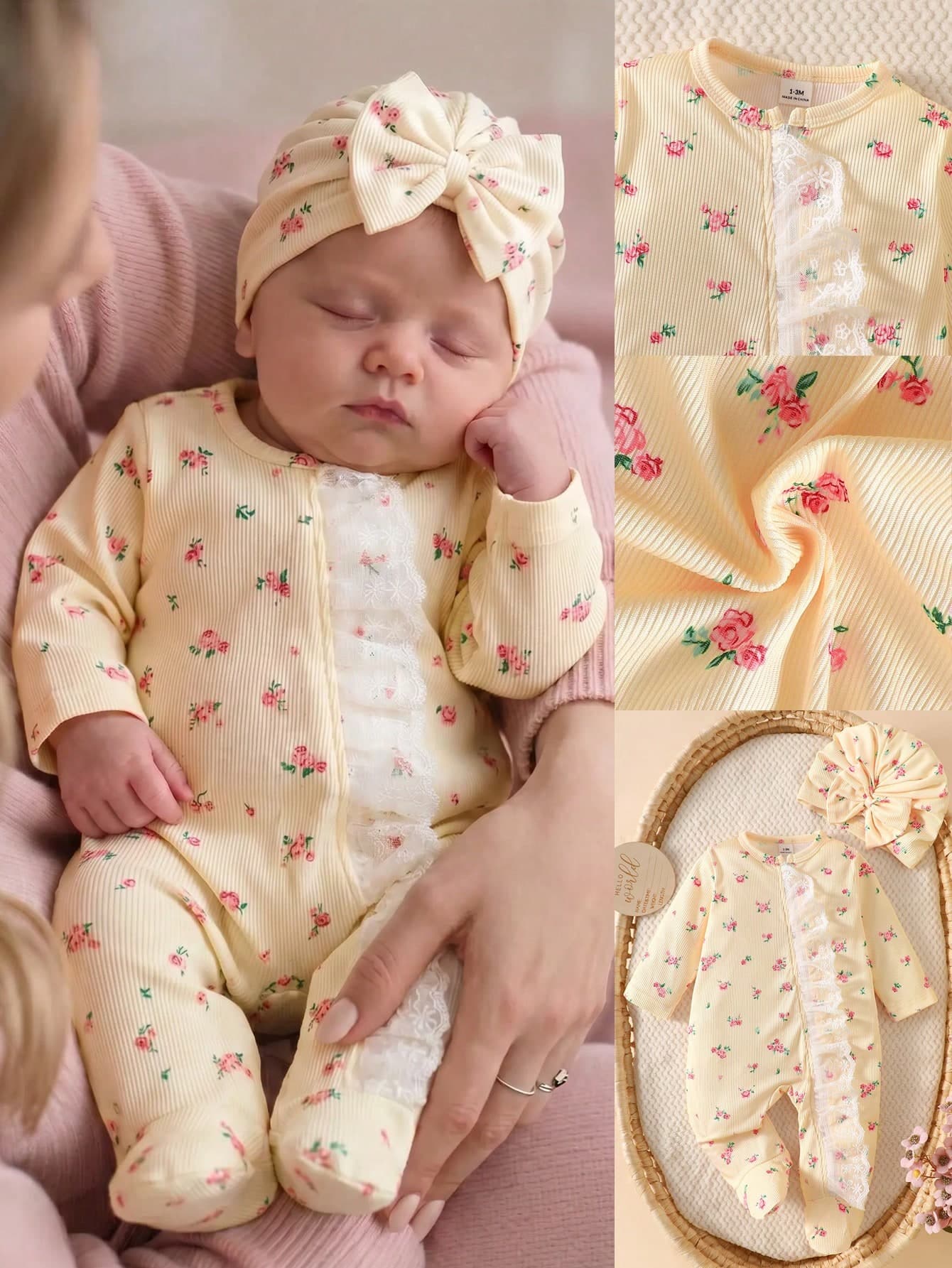 SHEIN Newborn Baby Girl New Autumn/Winter White Romper + Bow Hat Set, Round Neck Long Sleeve Footed Jumpsuit, All-Over Pink Ditsy Floral, Front Zipper Design, Lace Patchwork Fabric Soft And Comfortable, Sweet And Cute Style, Suitable For 0-9 Months Baby Girl Daily Wear