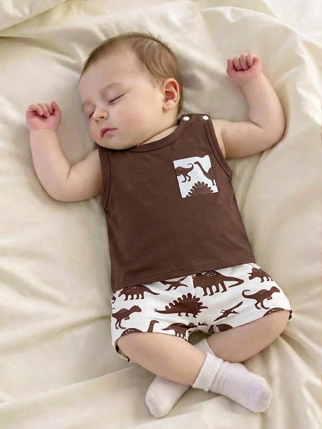 Playful Pals 2pcs/Set Newborn Baby Boy Casual Fashion Minimalist Cute Dinosaur Print Faux Pocket Design Sleeveless Top And Dinosaur Print Shorts Outfit, Suitable For Spring/Summer, Outdoor Wear