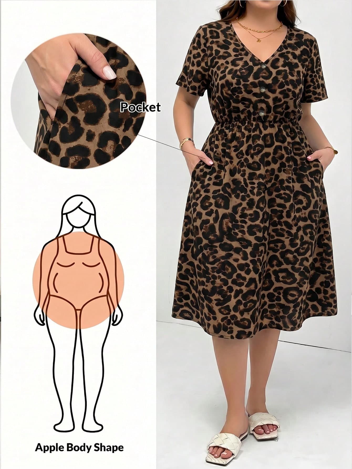 SHEIN Essnce Casual Minimalist Vacation Elegant Romantic Vintage Leopard Print Pattern Plus Size V-Neck Short Sleeve Dress, Women's Commute Outfit, Music Festival