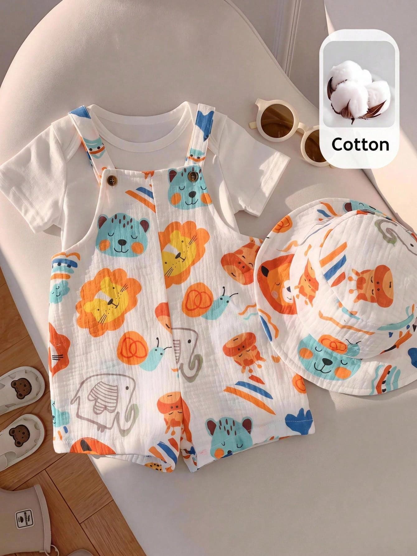 SHEIN 2pcs Set Including Hat, Baby Boy Baby Girl Cute Casual Versatile Cartoon Pattern Overall Shorts Hat Set, Cute Overalls, Infant Overalls, Summer Overalls, Vacation Set