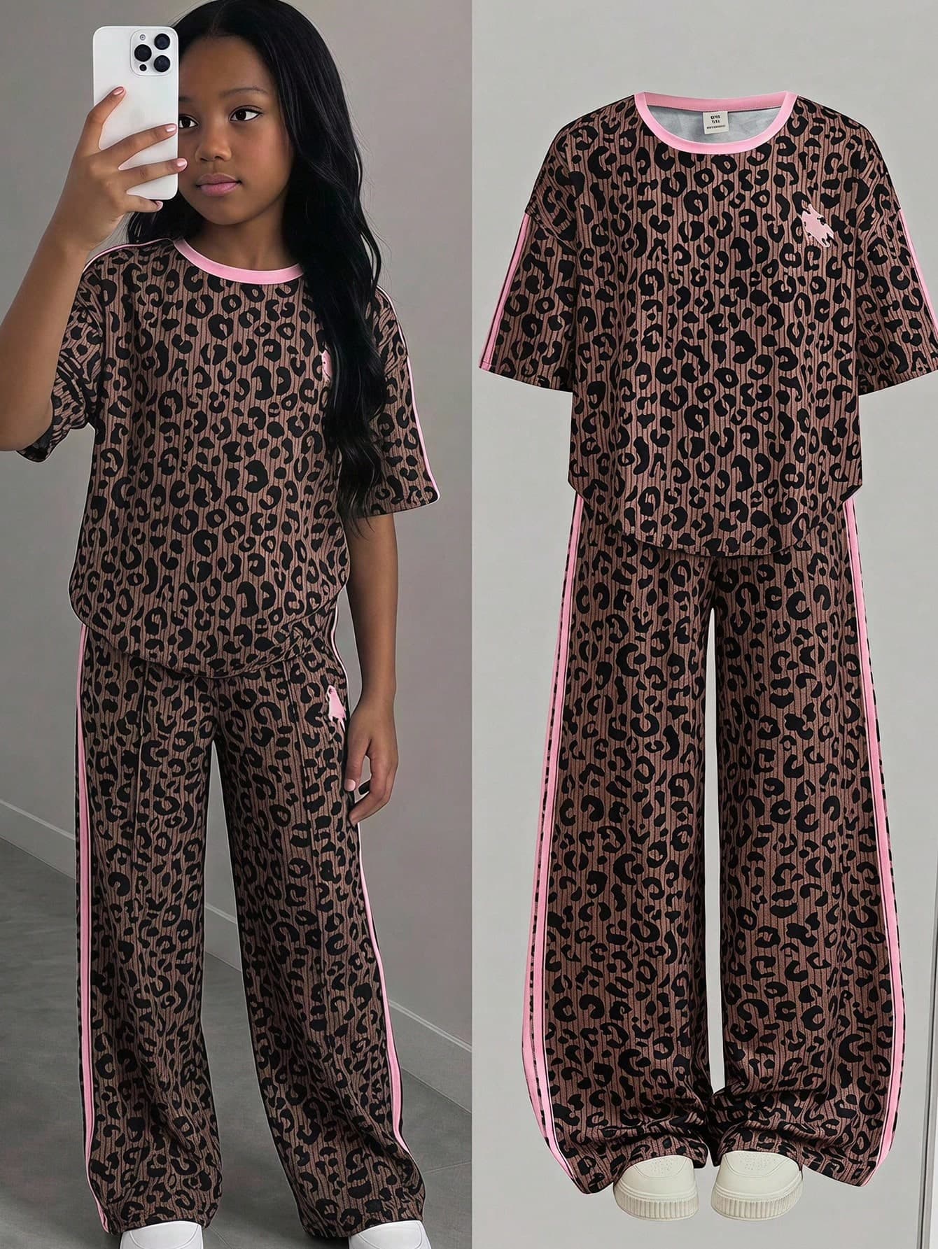 Tween Girl Tween Girl Tween Girl Casual Daily Fashion Round Neck Leopard Print Patchwork Pink Ribbon T-Shirt & Straight Leg Pants Set