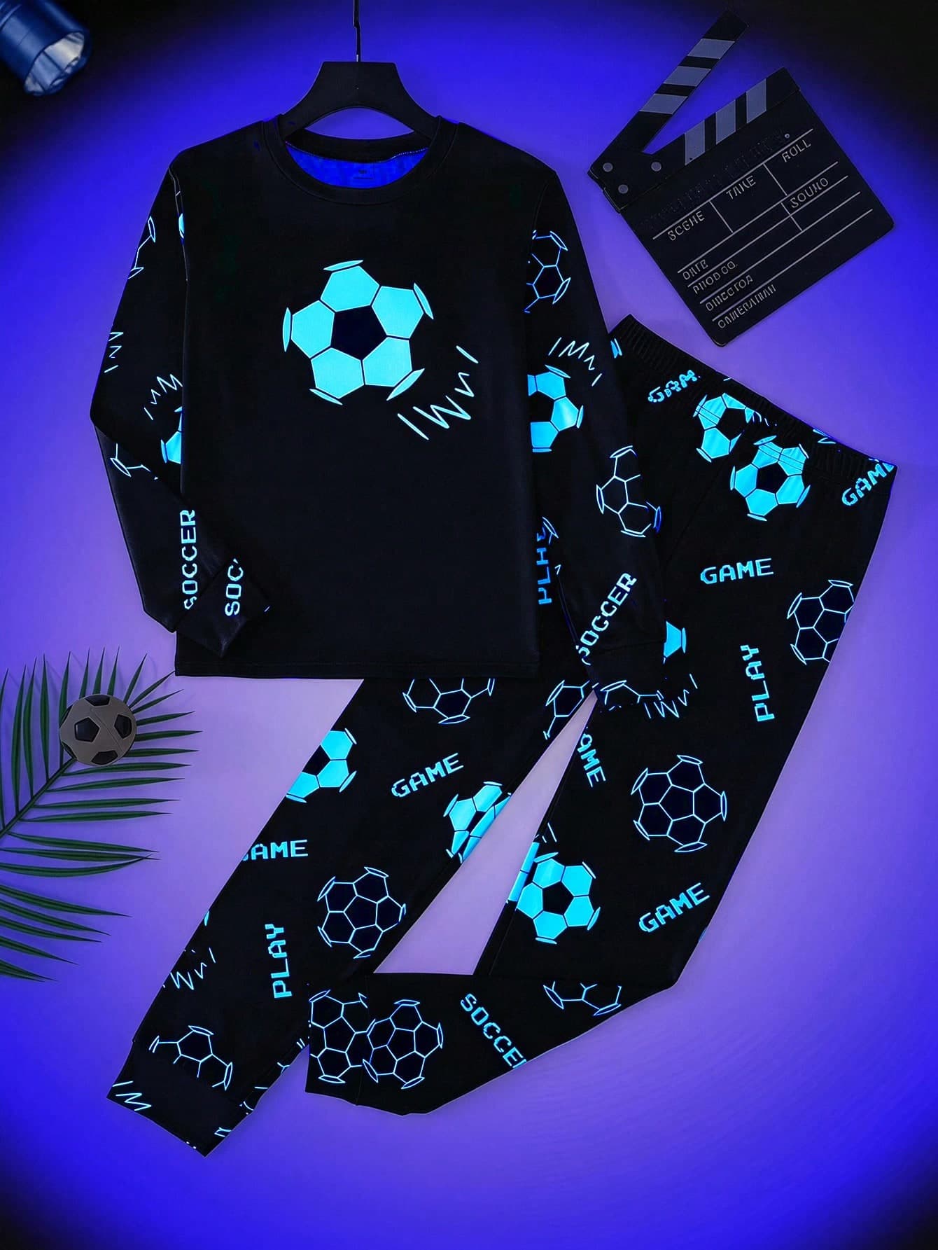 SHEIN Tween Boy Neon Football Pattern Crew Neck Long Sleeve Pants Casual Comfortable Fitted Home Pajama Set 2pcs