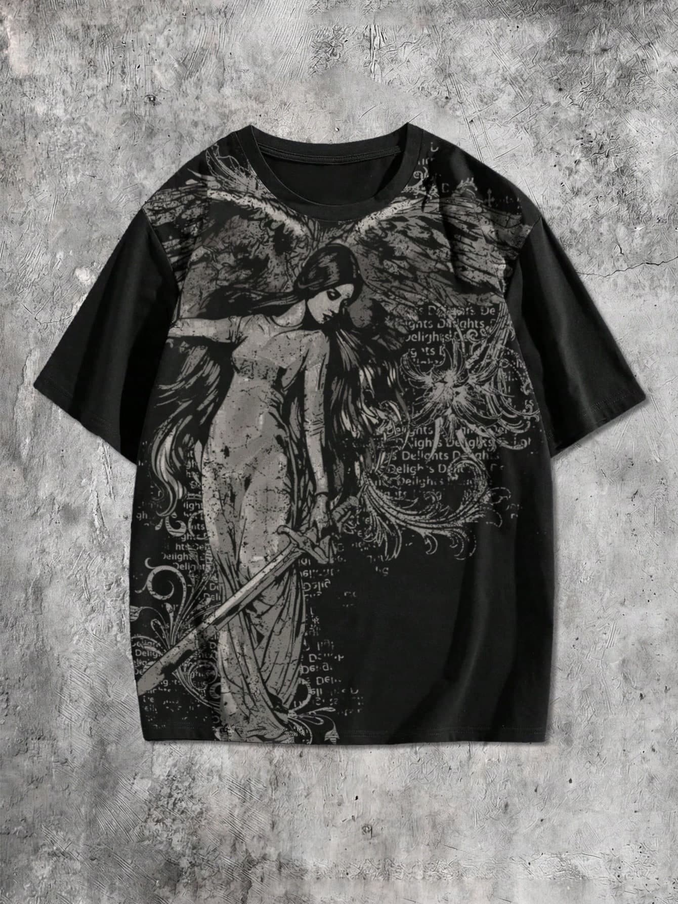 ROMWE MEN Street Life Teen Boy Angel Print Crew Neck Short Sleeve Casual Loose Fit T-Shirt