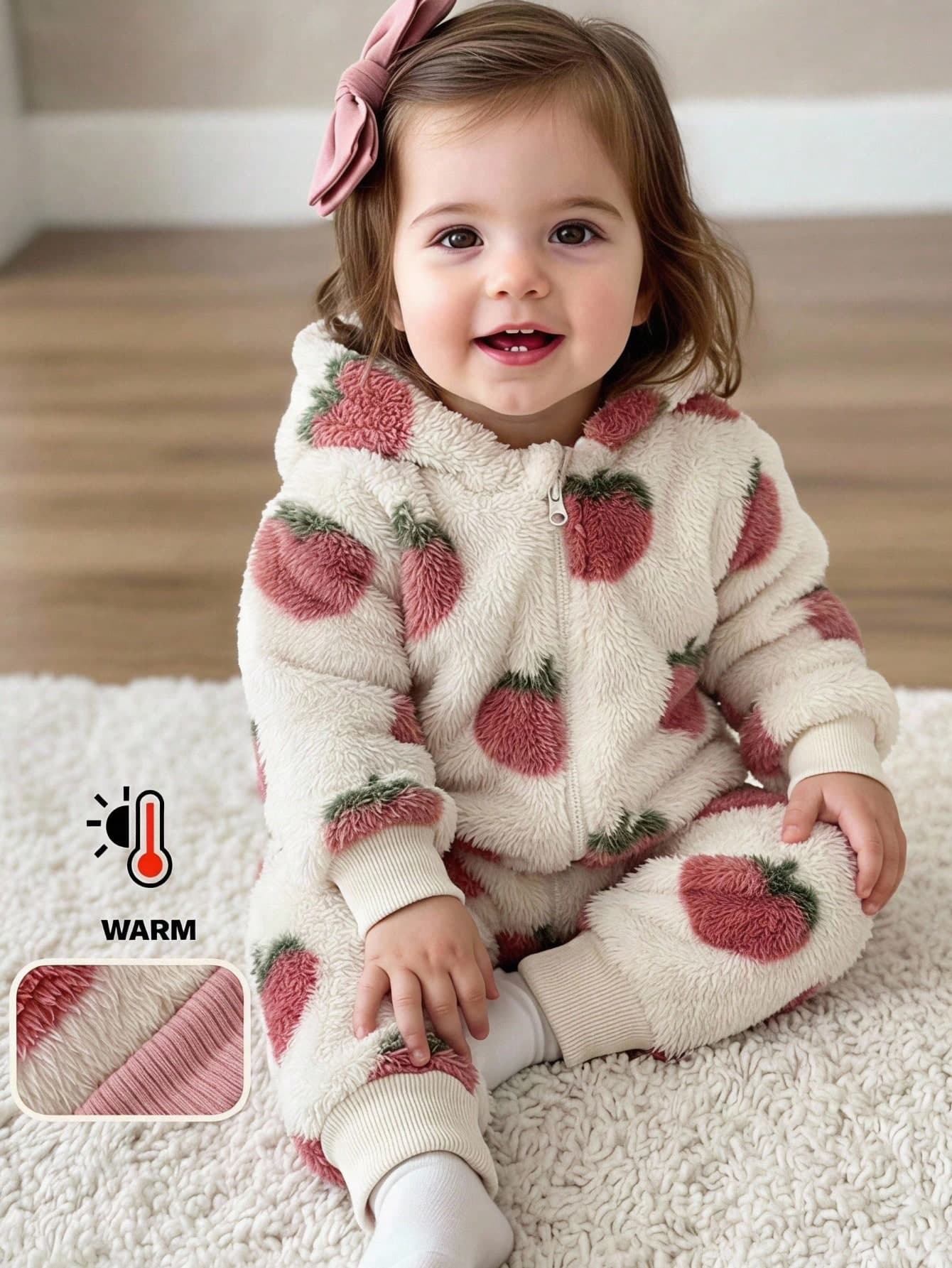 LMoss Kids Baby Girl Knitted Strawberry Pattern Plush Hooded Casual Winter Romper