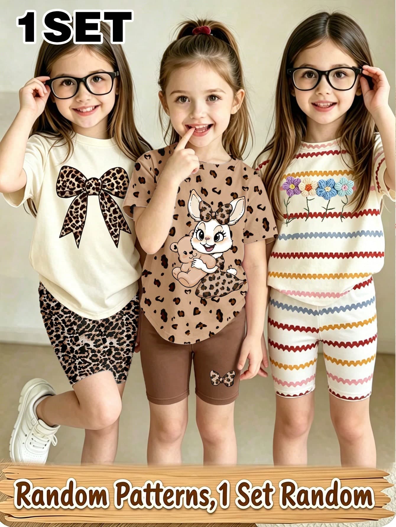 (Random 3 Sets, Send 1 Set) Girl's Creative Leopard Rabbit And Bear Pattern Leopard Bow Printed Basic Short T Plus Cycling Pants Set