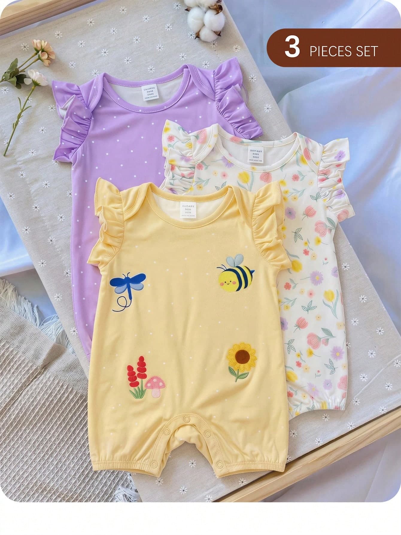 3pcs/Set Newborn Baby Girl Cute Cartoon Pattern Knitted Romper Set, Summer