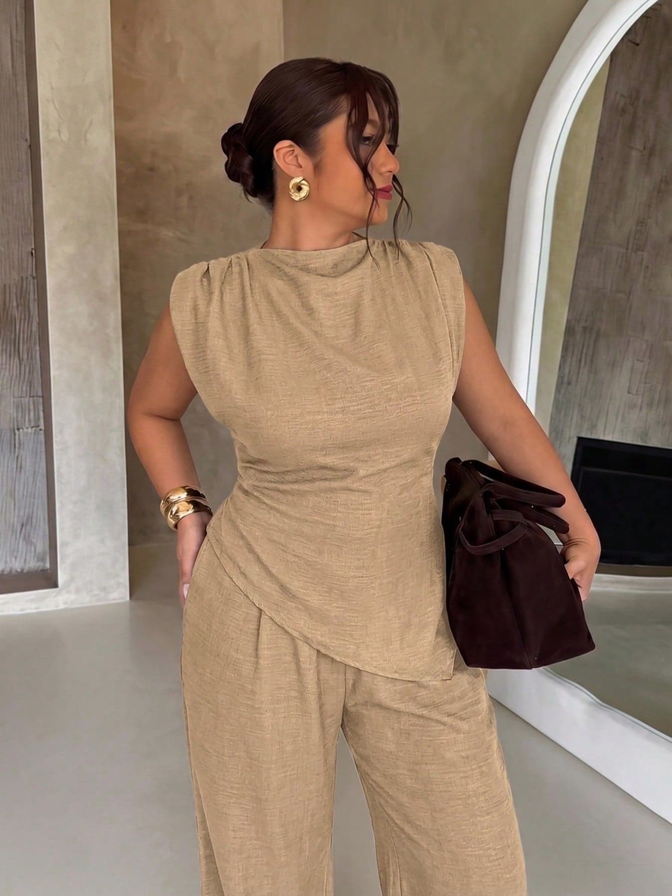 Firerie Summer New Brown Minimalist Elegant Casual Commute Office Formal Wear Sleeveless Asymmetric Ruched Waist Women's Blouse/Linen Set Beach Outfits