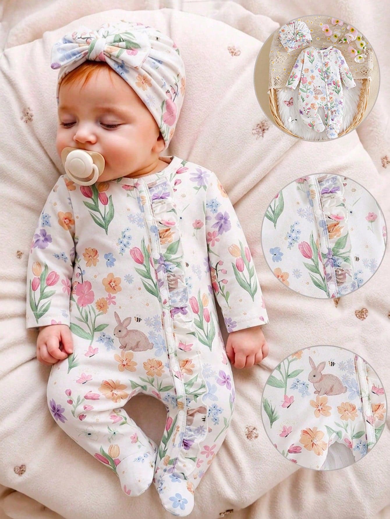SHEIN Autumn/Winter Newborn Bow Print Cute Baby Romper + Hat