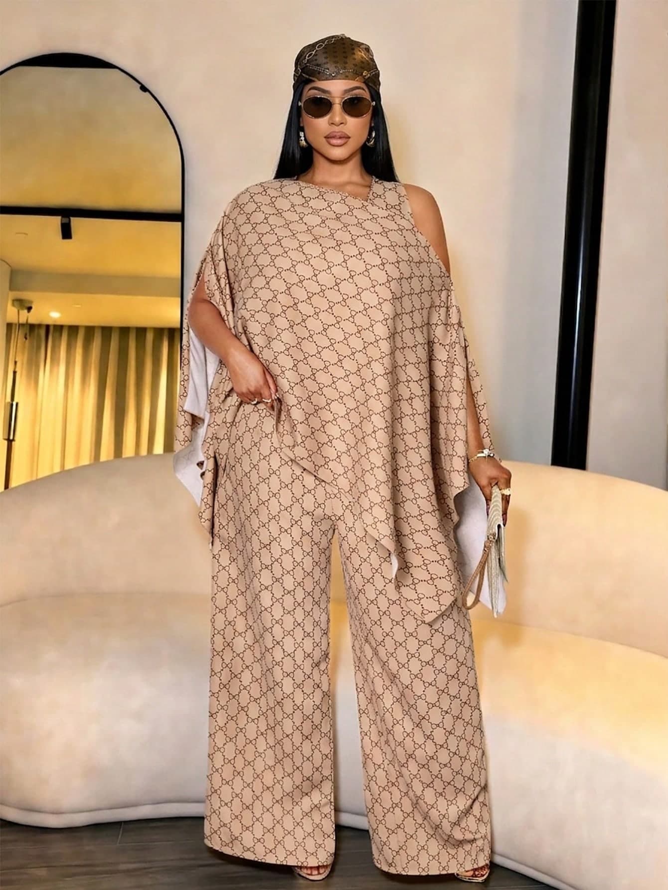 SOLERSUN Plus Size Women's All-Over Print Cold-Shoulder Top And Wide Leg Pants Casual Daily Two Pieces Set
