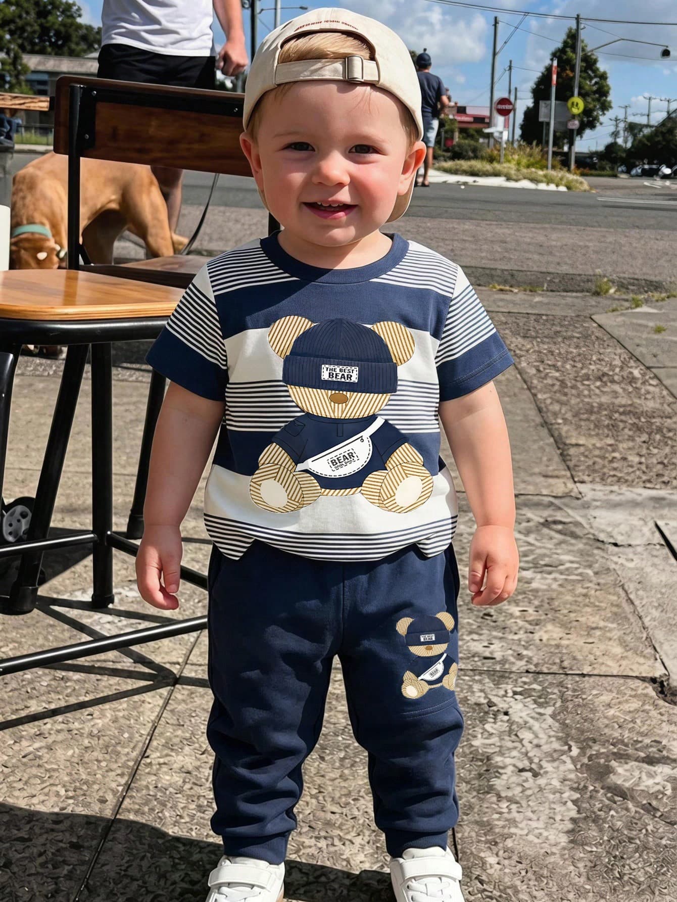 SHEIN Playful Pals 2pcs Korean Style Baby Boy Casual Fashion Royal Blue Contrast Color Striped Teddy Bear Graphic Print Crew Neck Short Sleeve T-Shirt And Graphic