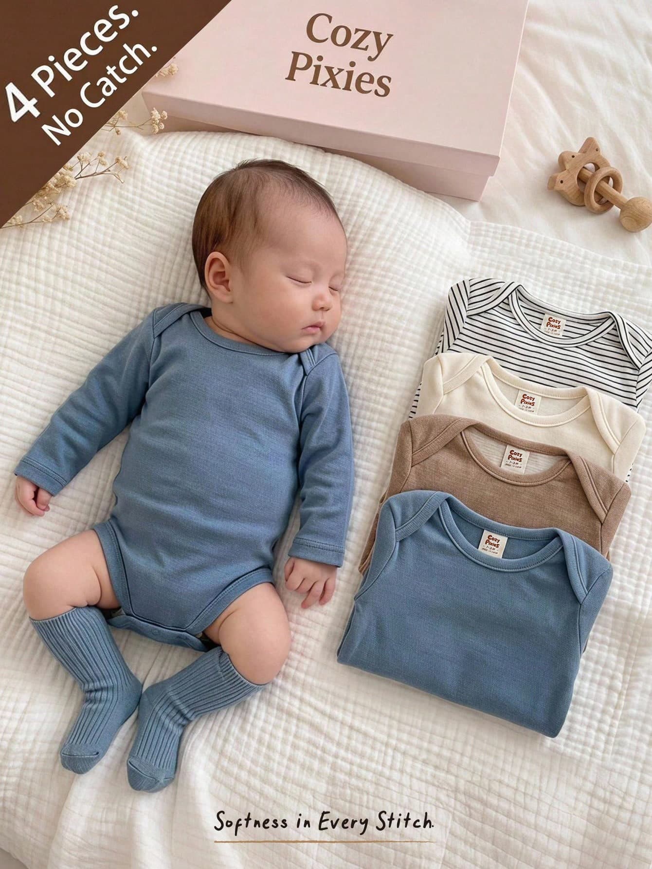 Cozy Pixies Newborn Baby Girl & Boy Autumn/Winter Cute Solid Color Long Sleeve Romper 4pcs -Piece Set, Knitted Soft Round Neck Striped & Solid Color Multi-Piece