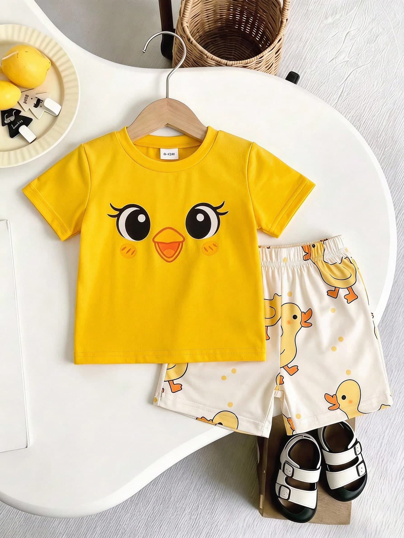 SHEIN 2pcs Short Sleeve Set Yellow T-Shirt And Shorts Set Cute Duck Pattern Soft And Comfortable Pale Yellow Summer Casual Wear Cute Style Work Party Travel Essential