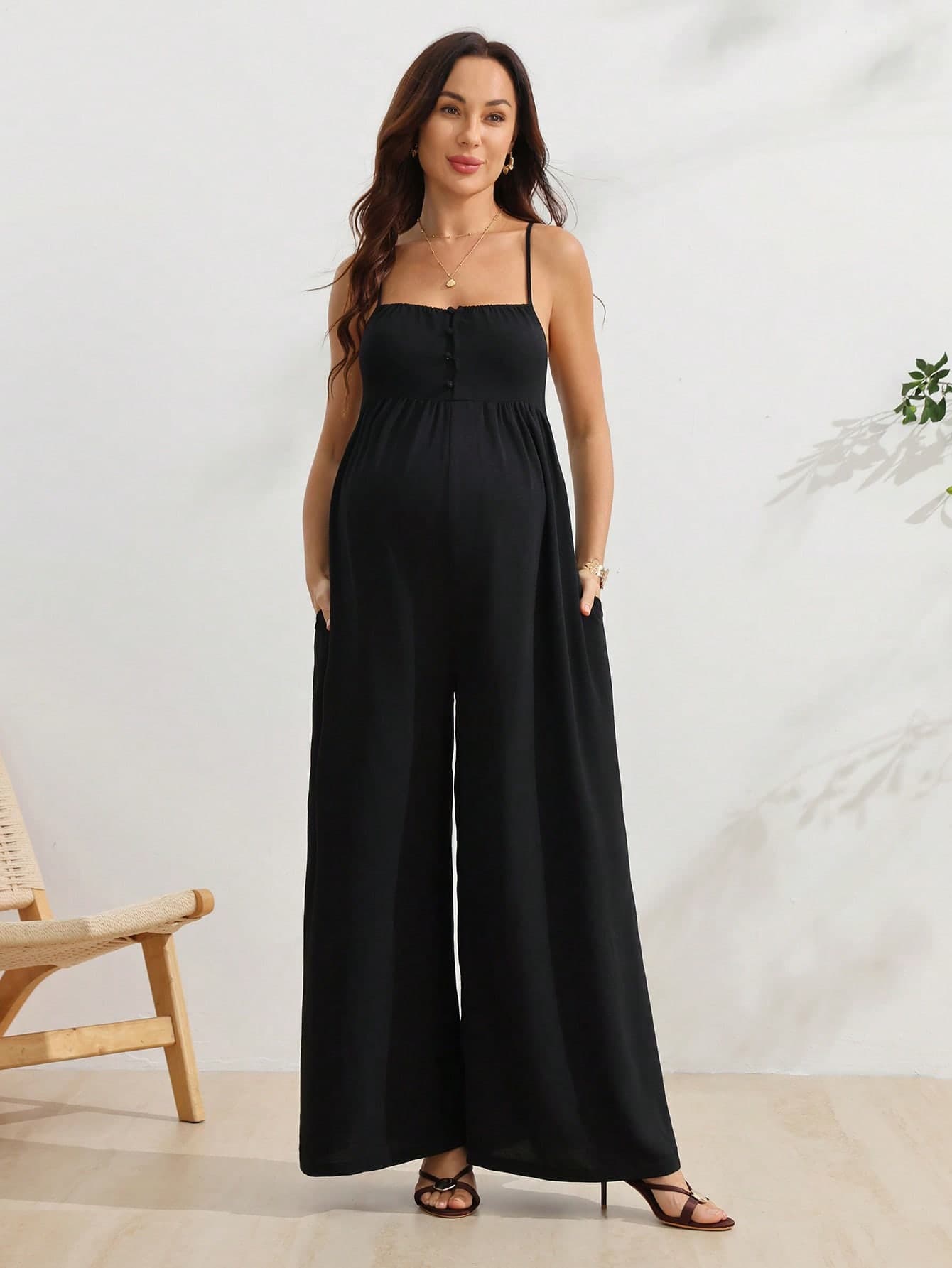 SHEIN Maternity Black Spaghetti Strap Wide Leg Jumpsuit