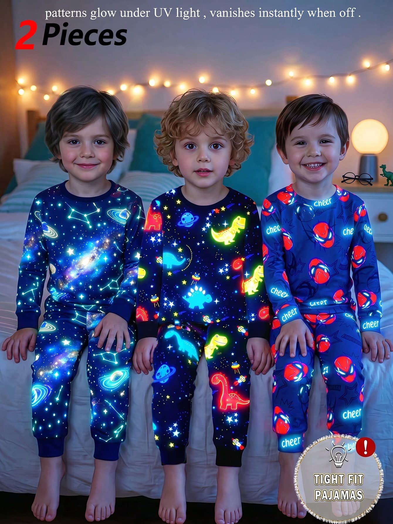Young Boys Glow-In-The-Dark Spider Hero Cartoon Luminous Style Navy Blue Base With Red & Blue Fluorescent Print Knit Fabric Comfortable Soft Slim Fit Crew Neck Long Sleeve Pants 2-Piece Set Autumn/Winter Loungewear Pajamas