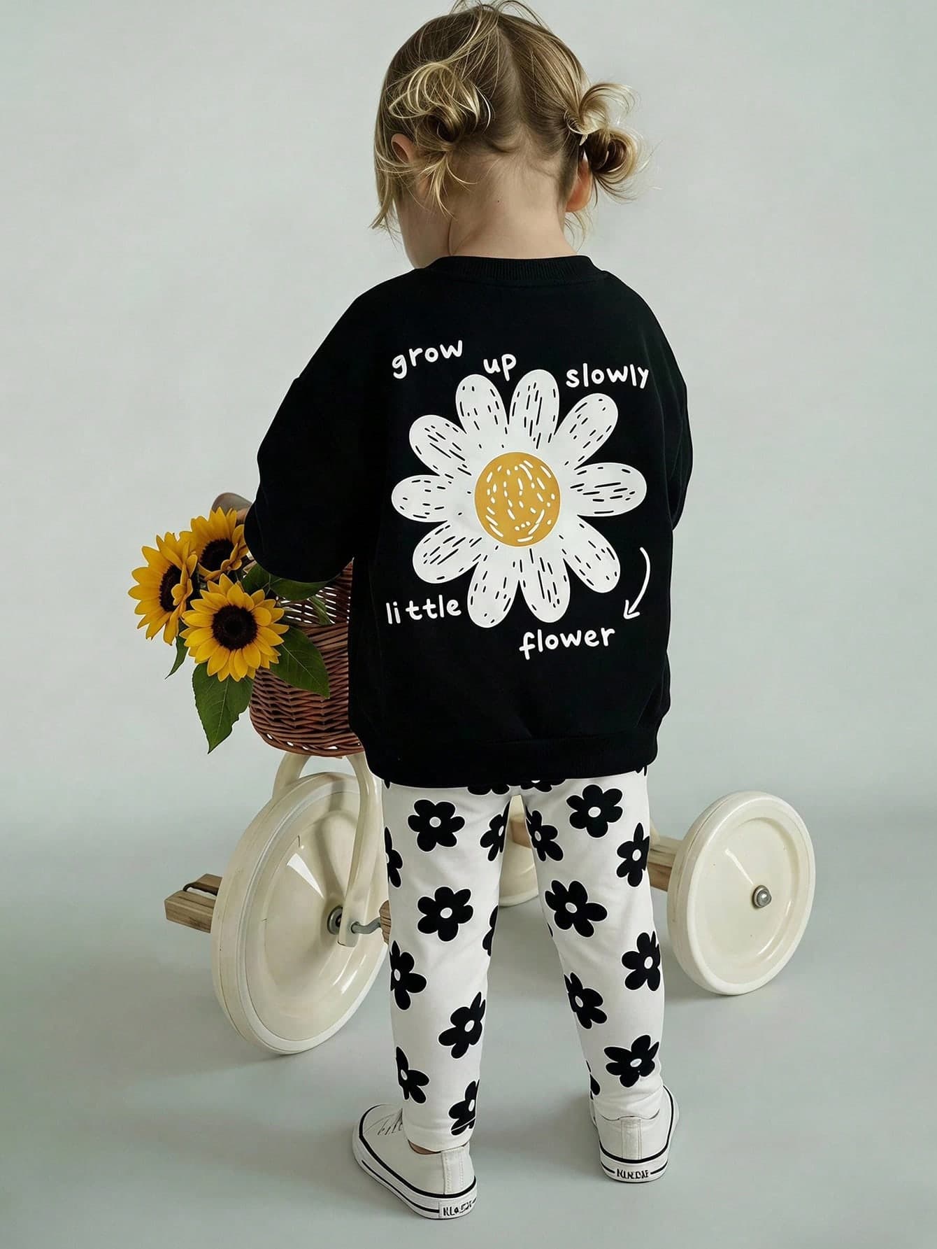 2pcs Baby Girl Floral Pattern Knit Soft Crew Neck Long Sleeve Sweatshirt And Long Pants Set
