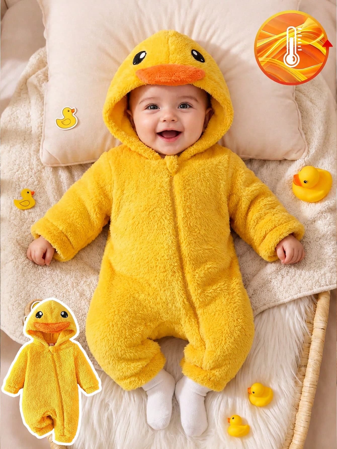 SHEIN Playful Pals 1pc Baby Boy Autumn/Winter Bright Yellow Cute Cartoon Duck 3D Hooded Long Sleeve Romper, Loose Comfortable Fit, Suitable For Daily Outings, Holiday Parties, First Birthday Photos, Outdoor Play, Family Gatherings
