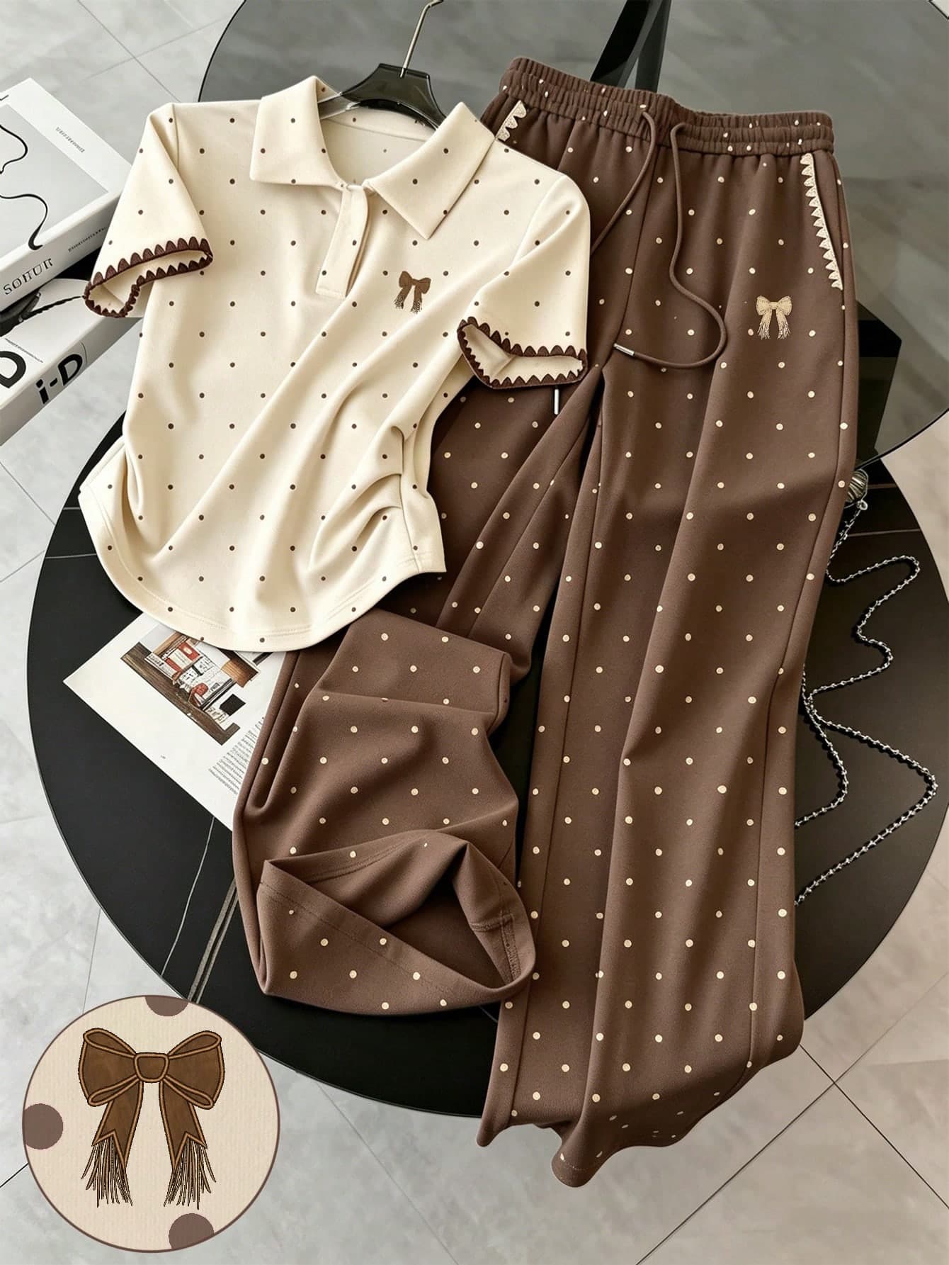 Resyla Polka Dot Digital Print, Bow Embroidery Fashionable Minimalist Women's Polo Collar T-Shirt + Pants Set, Gift For Friends