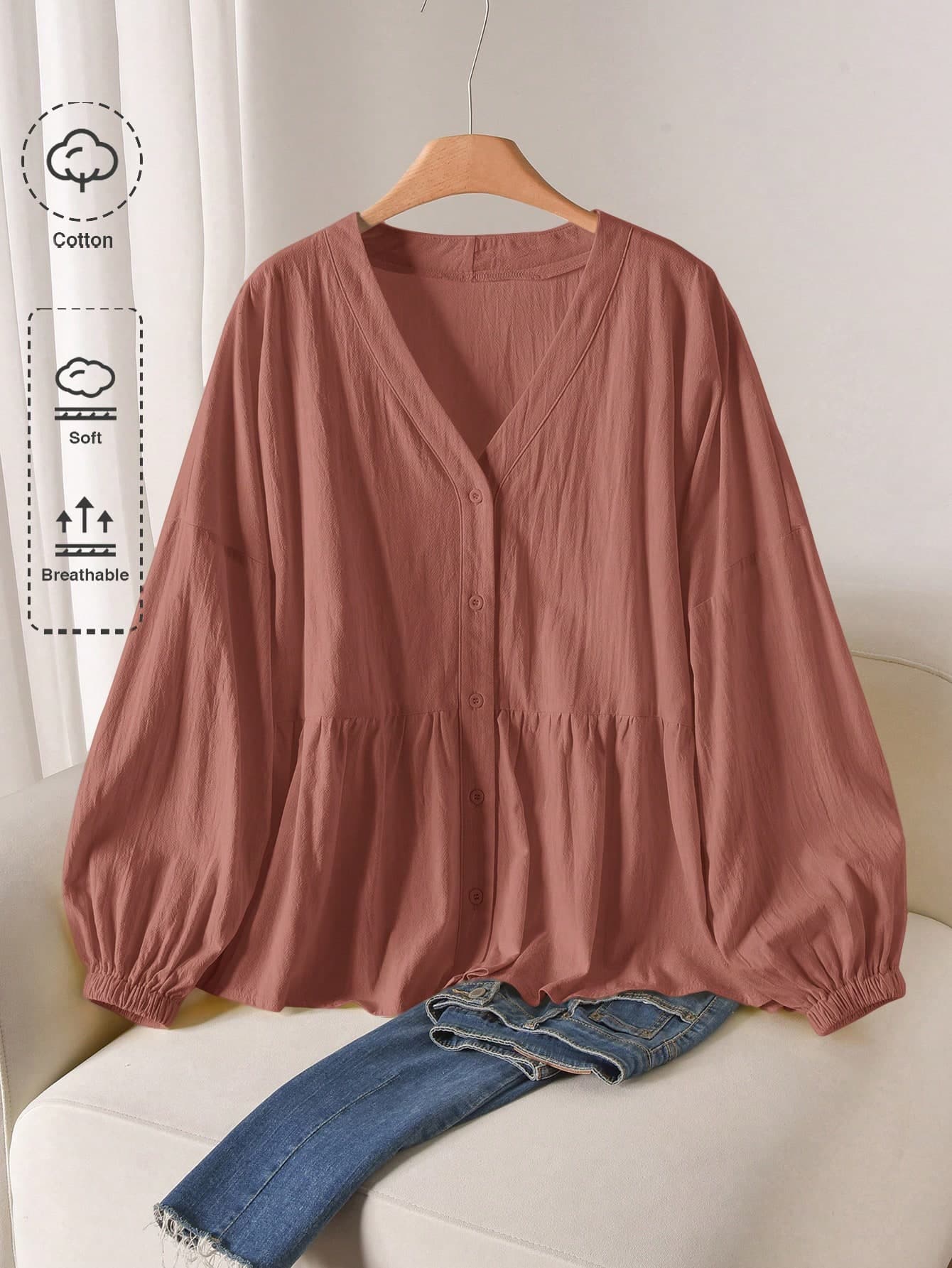 CosyJoli Plus Size Women Solid Color V-Neck Casual Casual Formal Versatile Everyday Club Date Night Office Outing Blouse Teachers' Day Dusty Rose Summer