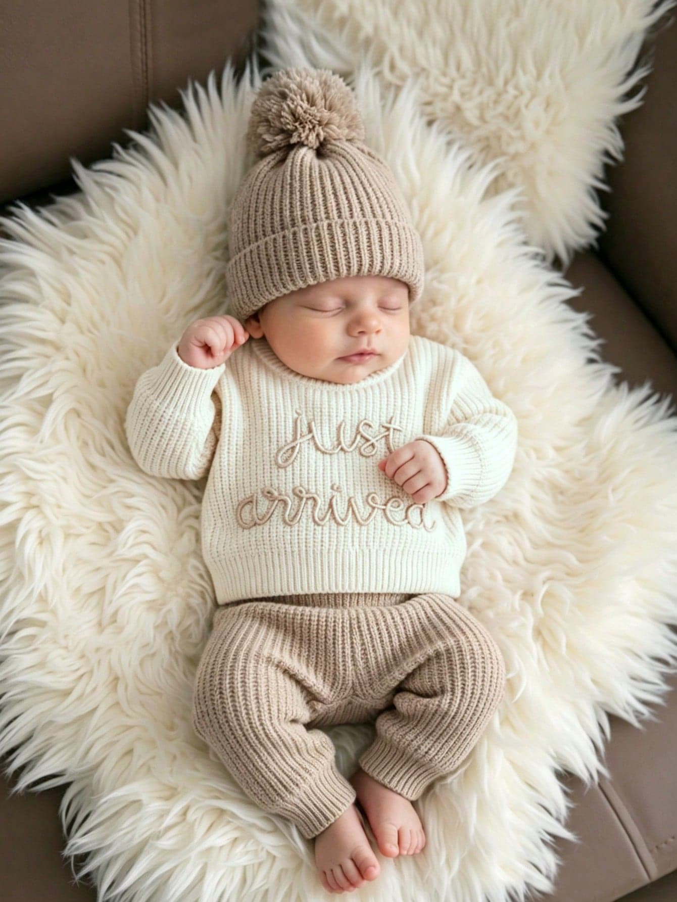 SHEIN 3Pcs Set White Autumn Baby Hospital Arrival Announcement Outfit Graphic Knitted Tops And Pants With Hat Newborn Photo Shoot Props Family Matching