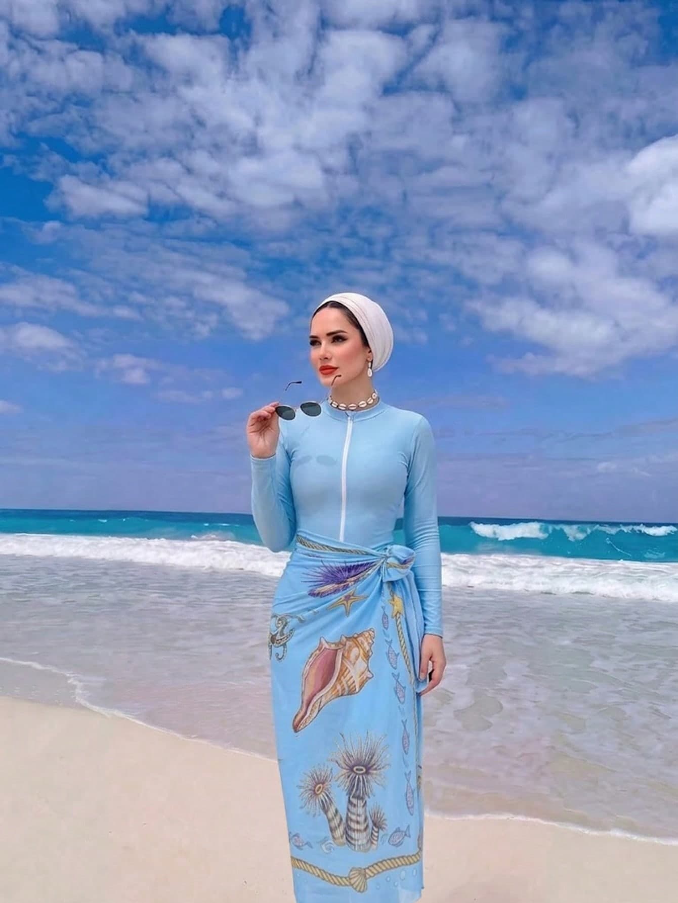 Swim Shayni Women's Light Blue Ocean Style Shell & Starfish Print Mesh Cover-Up Burkini Full Coverage Muslim Swimsuit Anti-Exposure Snorkeling Vacation Dual-Use Spring/Summer