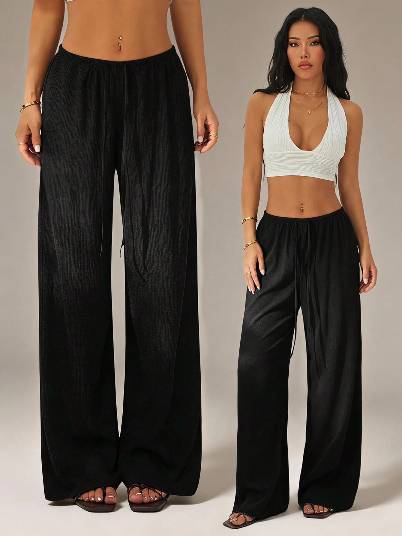 SHEIN PETITE Women's Solid Color Tie Waist Wide Leg Loose Casual Versatile Pants ,Petite Women