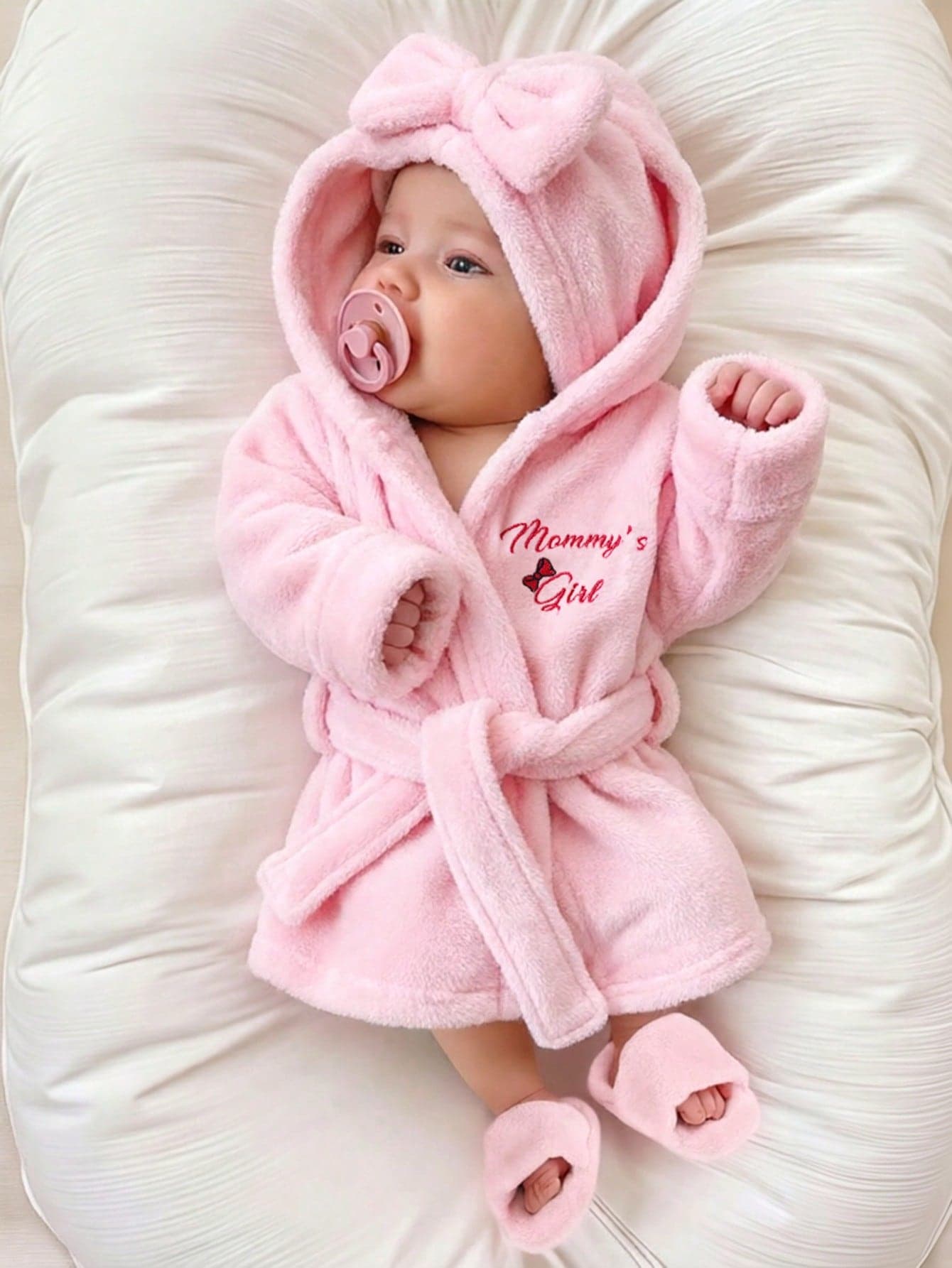 SHEIN Newborn Girl Photography Bathrobe With Matching Turban Hat And Mini Slippers Infant Photoshoot Outfits Love Embroidery Newborn Props