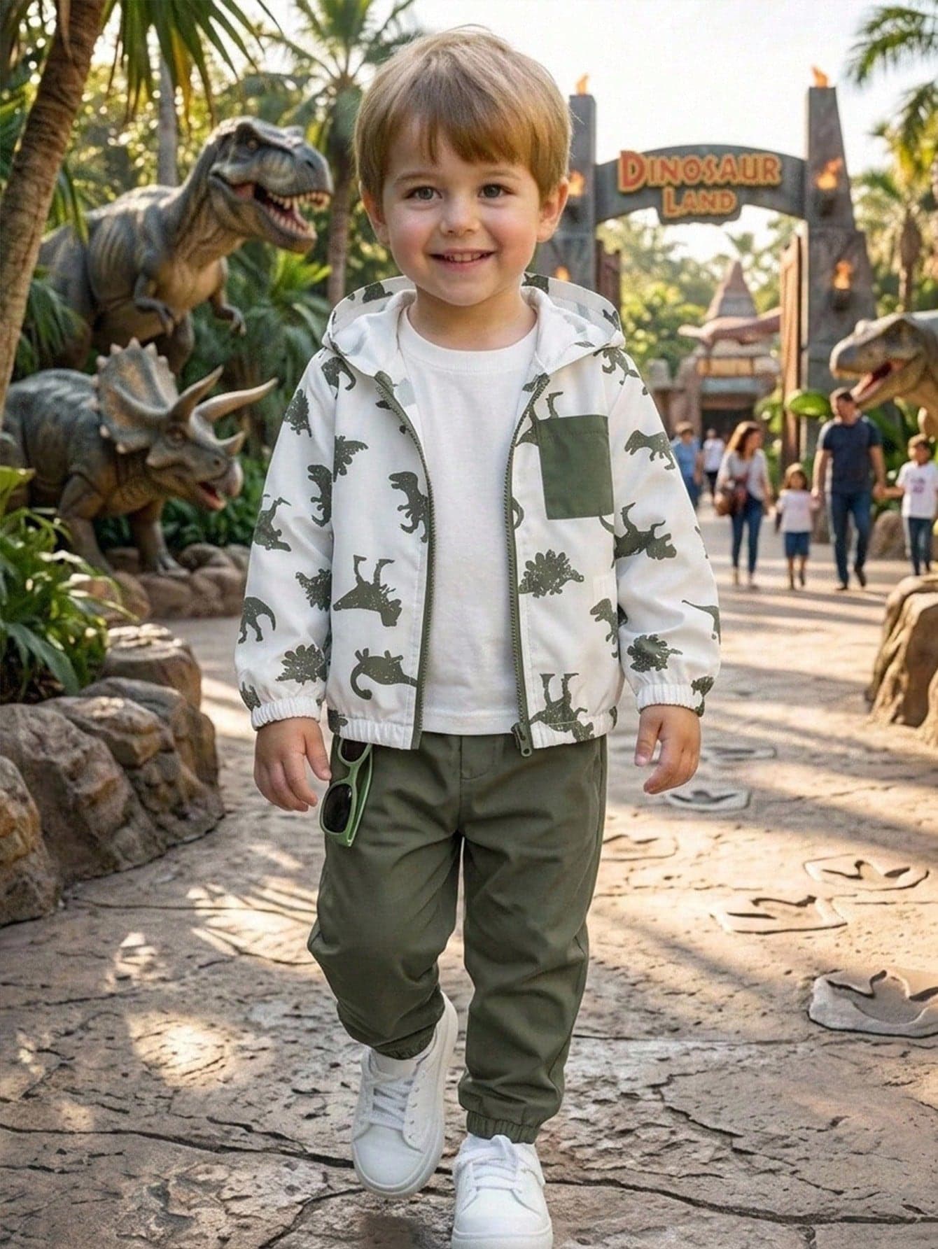 SHEIN Young Boys Spring Summer Autumn Cartoon Dinosaur Pattern Black & White Contrast Hooded Thin Jacket & Solid Color Long Pants 2-Piece Set, Suitable For Outdoor Travel And Outings