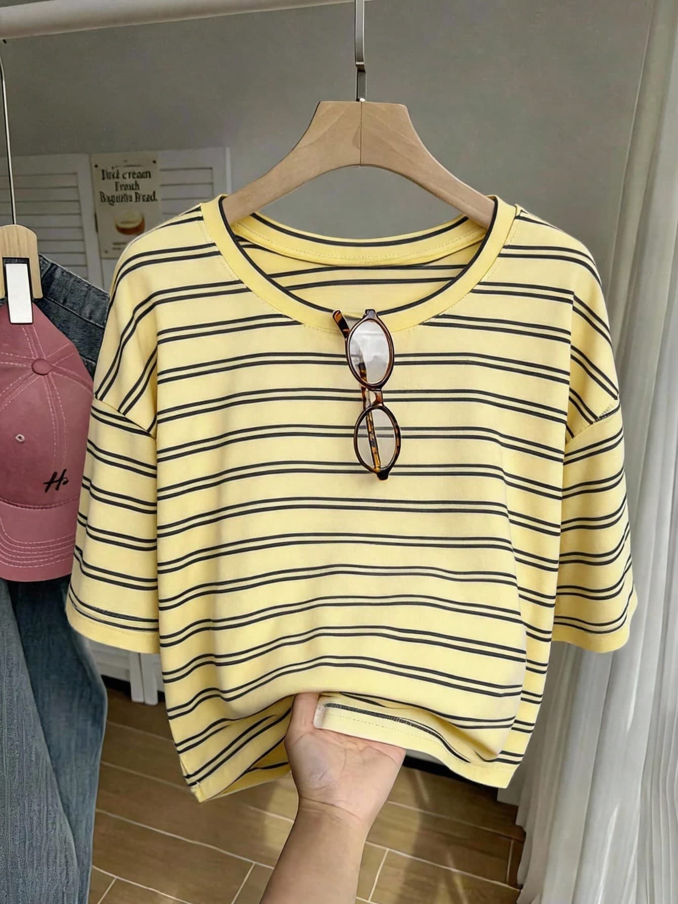 Comfortcana Yellow Striped Drop Shoulder Short Casual Smart Casual Plus Size Women's Crew Neck T-Shirt Back-To-School Teacher Summer