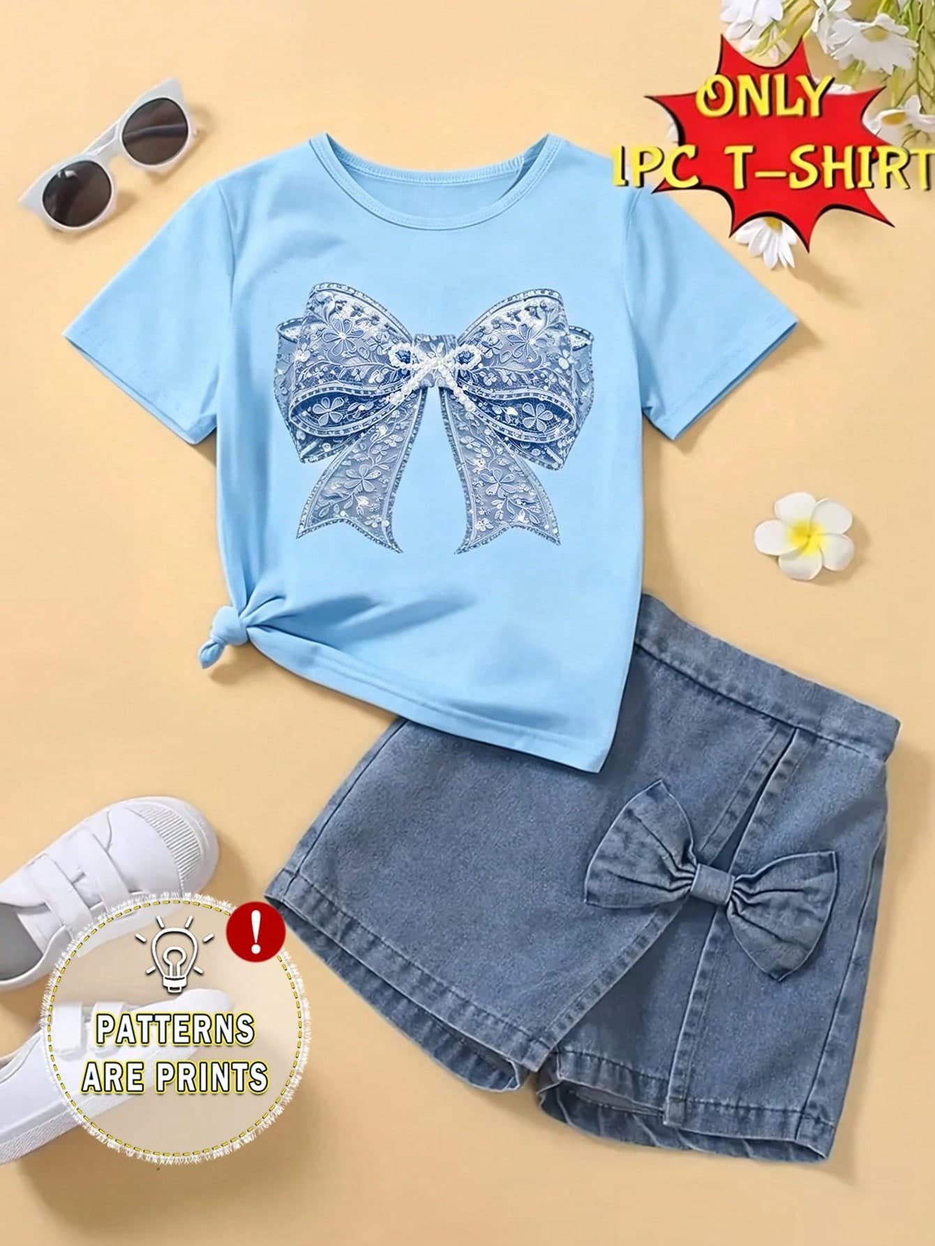 Souflis Souflis (1 Pc) Baby Girl Fresh Cute Minimalist Blue & White Floral Pearl Bow Pattern Basic Short T-Shirt, Comfortable Daily Wear
