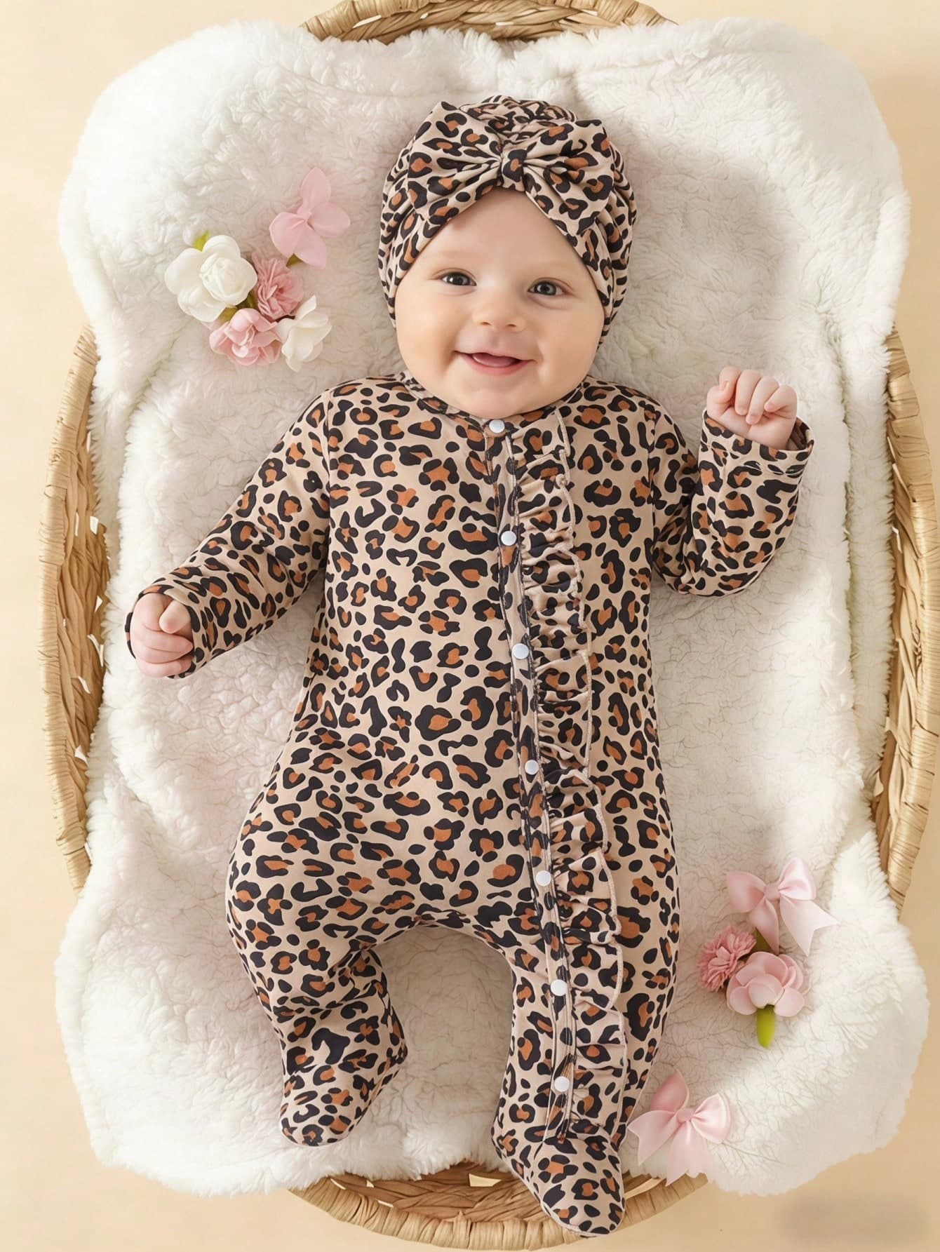 SHEIN 2pcs/Set Newborn Baby Bowknot Print Cute Romper Jumpsuit, Autumn/Winter
